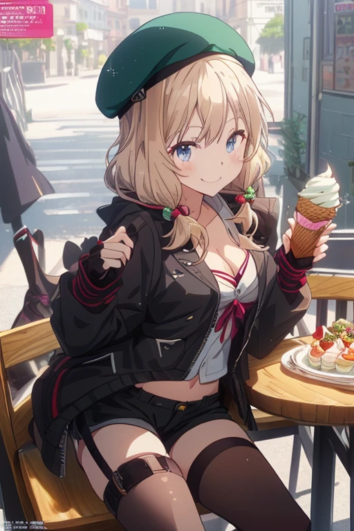 1 girl, small nose, very beautiful detailed face and eyes, bright colors, cute face, delicate beautiful face, Bright magenta eyes, cute eyes, sparkling eyes, Big eyes, (small breasts:1.3), (perky chest:1.1), (pointed chest:1.0), (icecream magazine cover:1.3)，highest quality, WorKs of masters, High resolution,BlacK color hair，shiny hair, side ponytail,hair between eyes,bangs, (black jacket, real clothes, cleavage, black skirts, black thighhighs, thigh strap, fingerless gloves, single glove:1.2) , spread legs, panties shot, medium hips, glamorous body, white skin, smile, thin pubric hair, super beautiful face, Super beautiful eyes, Super beautiful hair，trendy outfit，sexy and attractive,full body esbian, Real World, Natural light,perfect Natural light,(with sparkling eyes and a contagious smile), This masterpiece is not only visually stunning but also tells, make of cake cooking , in the kitchen, open mouth, looking at viewer,
