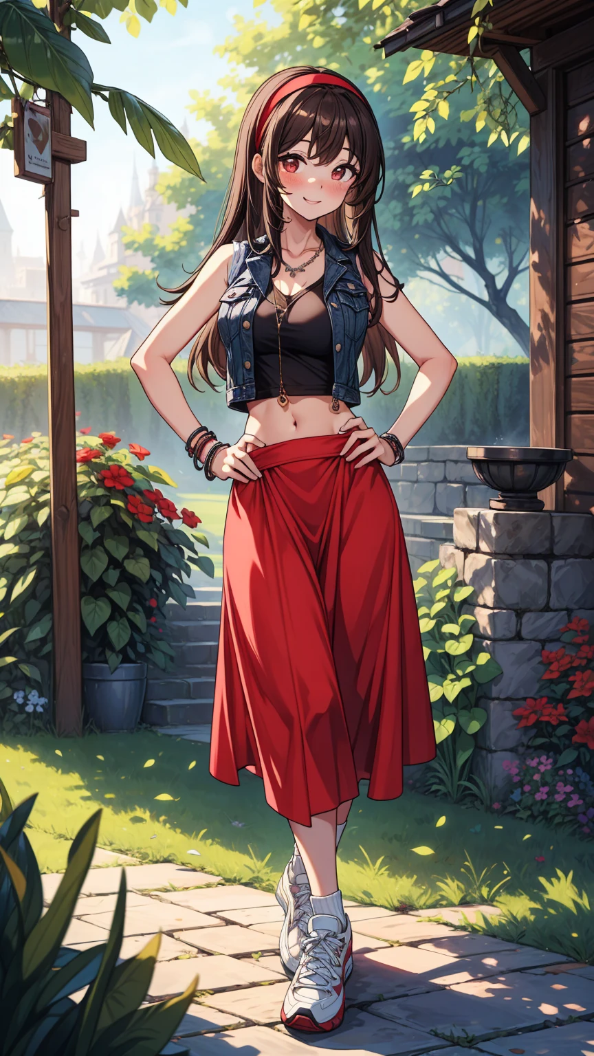 ((masterpiece, best quality:1.3, high detail)), beautiful woman posing, smile, long straight hair, (dark brown hair), hairpin, light blush, (vest), (long red skirt), long skirt:1.1, midriff, navel, black hairband, necklace, bracelets, collarbone, sneakers, outdoors, garden,