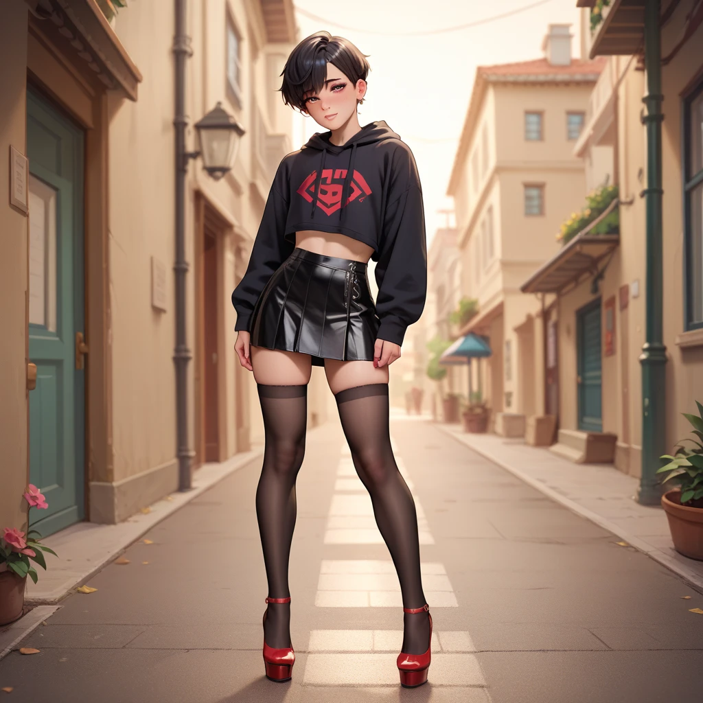 a woman wearing a black shirt, black denim shorts, wearing bracelets with the iron cross symbol, black boots, short black hair, red horns, yellow eyes, walking on a walk in a park at night..HDR, ultra resolution, well defined, masterpiece, 8K HD. (solo woman)