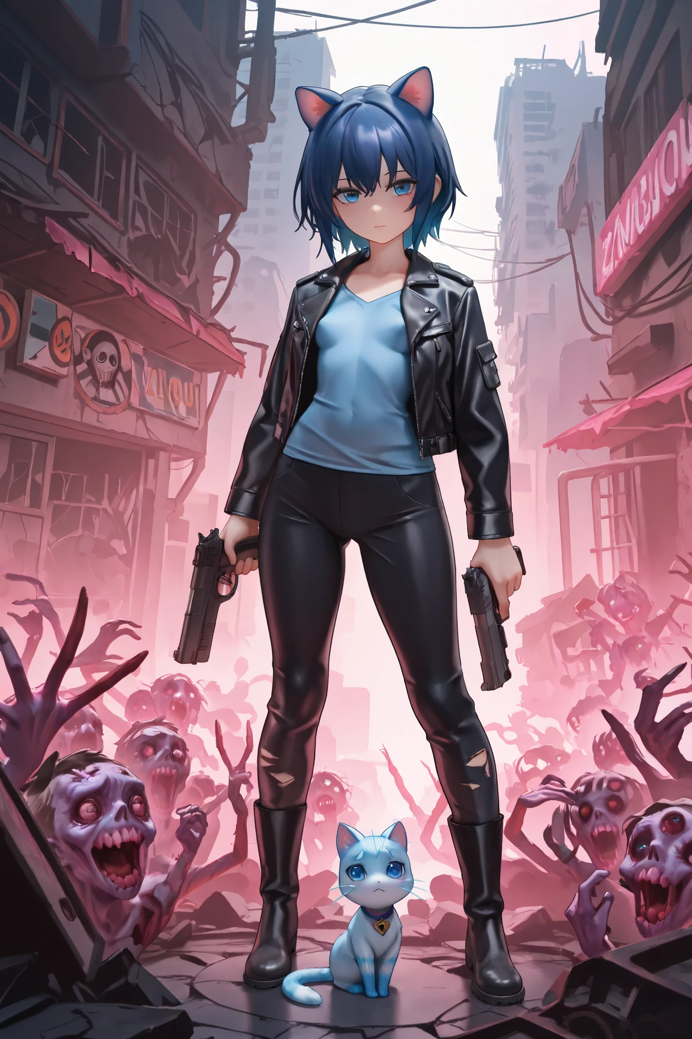 (Cubi: (short dark blue hair, blue kitten ears, pink interior kitten ears, blue eyes, woman, 1woman, one woman), (small breast)), (dark leather jacket, blue shirt, black pants, black military boots), hold a handgun,, BREAK, , ((destroyed city outdoor, dark ambience)),, BREAK,, ((group of undeads, zombies \creatures\ around)), standing with precaution
