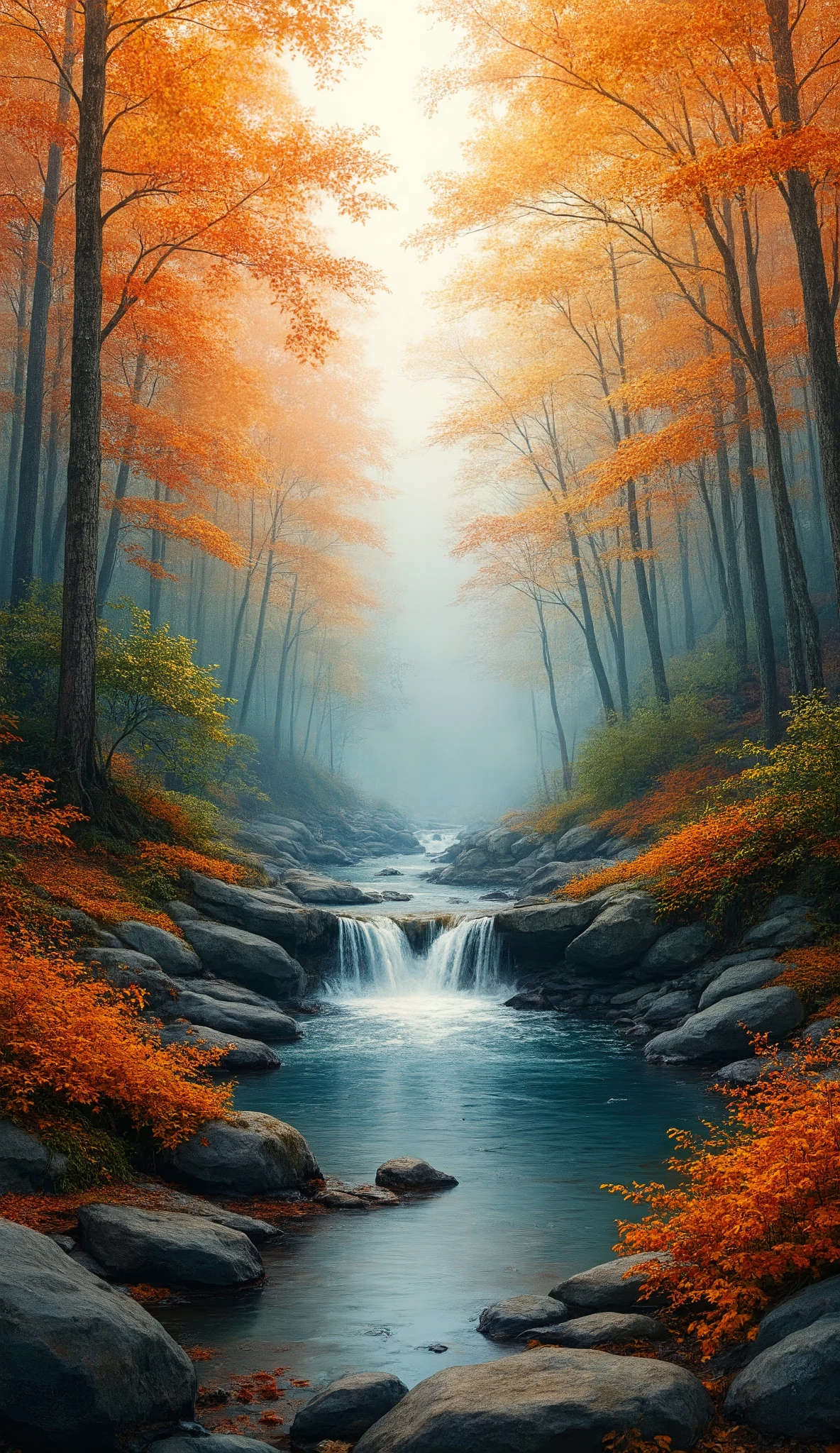 Painting of a stream in a forest with a waterfall in the middle - SeaArt AI