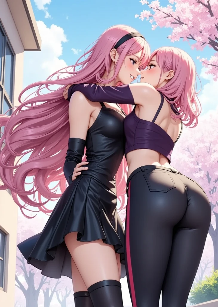 Girls making out, Girls kissing. Tight clothing, tight leggings.