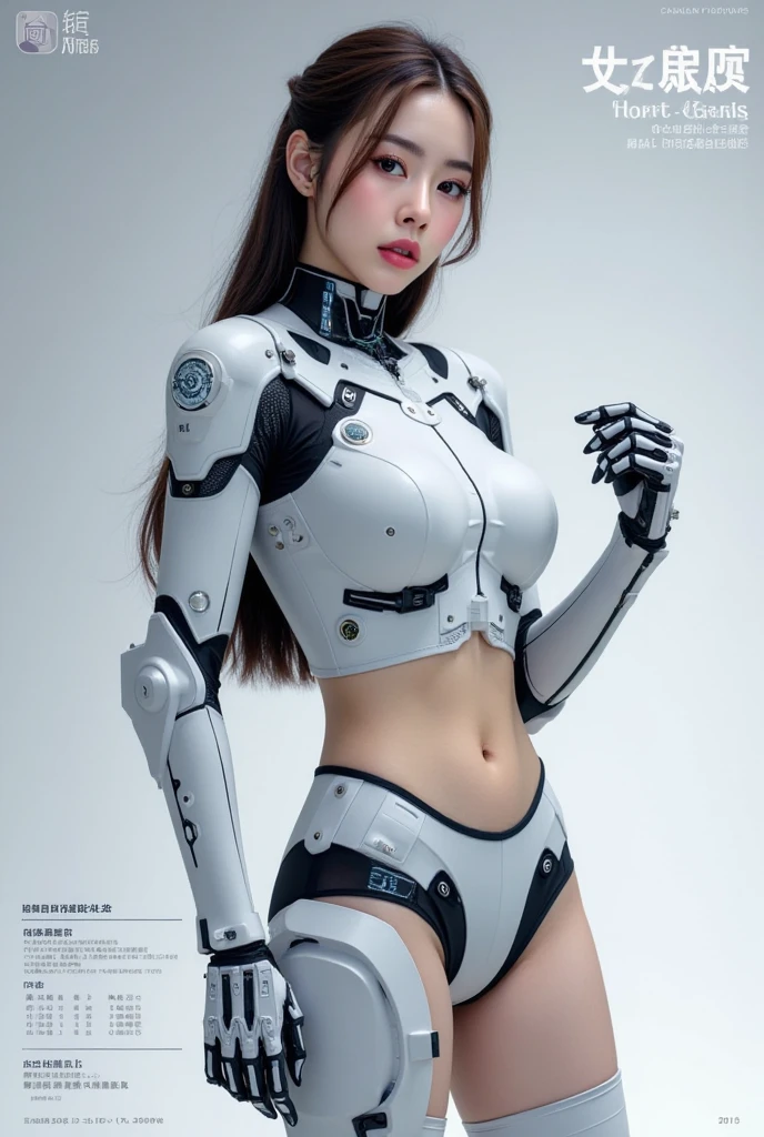 masterpiece, best quality, extremely detailed, (8K, 4K, Best Quality, hight resolution, 超A high resolution:1.1), 8k portrait, Japaese android Girl,Plump , dark black leg cover,announcer,control panels,android,Droid,Mechanical Hand, Robot arms and legs, Black Robot Parts,Black hair,Mechanical body,Blunt bangs,White abdomen,white body suits,White robotics parts,perfect robot woman,future laboratory,cyber pank,charging spot,laboratory,long tube,thick cable connected her neck,perfect mechanical body, white robot body,android,robot humanoid,black sponge joints,The removable red cover is in the groin,The connection port is in the groin,leather boots