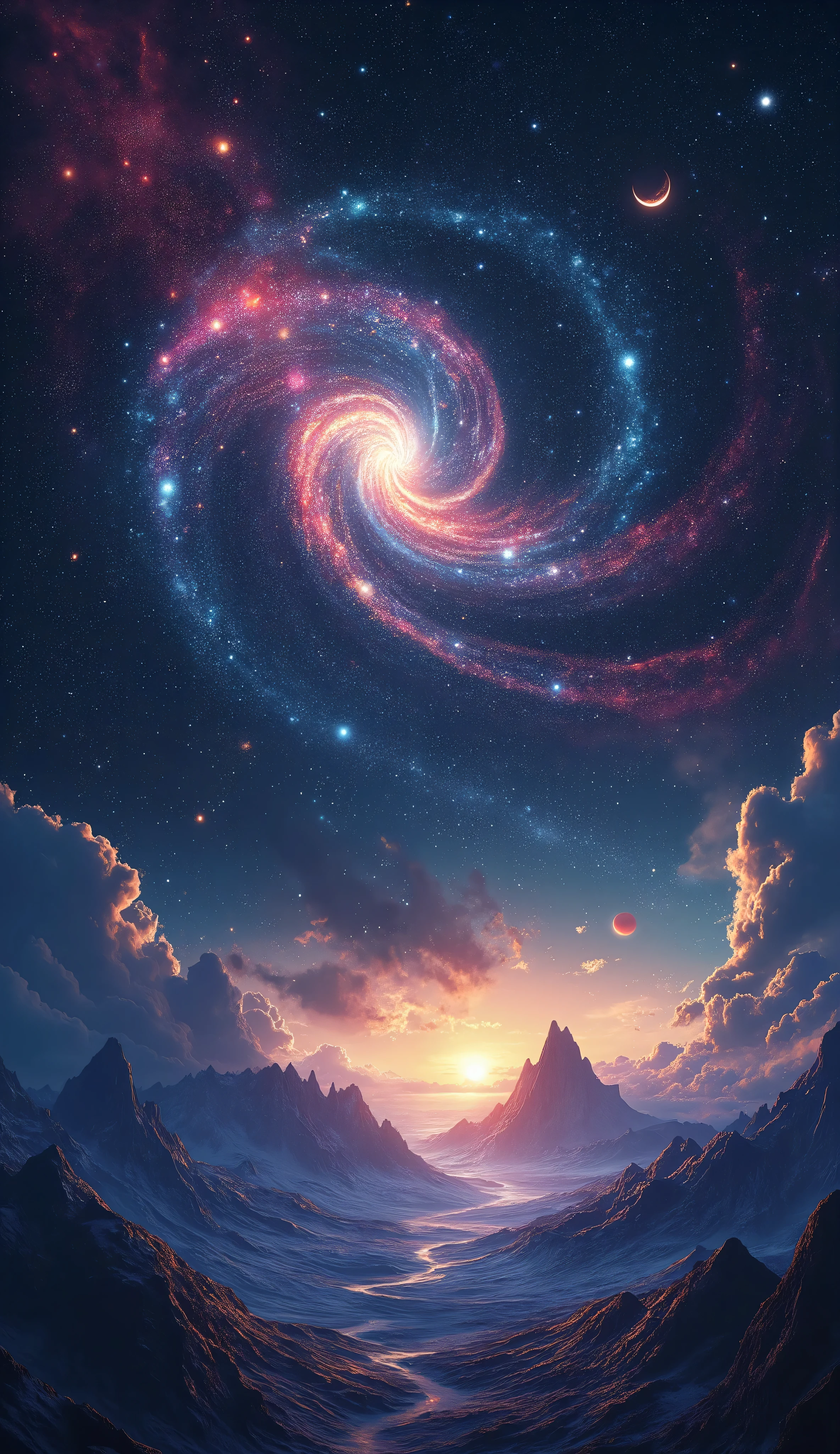 A dreamy, cosmic landscape under a star-studded night sky, with a ...