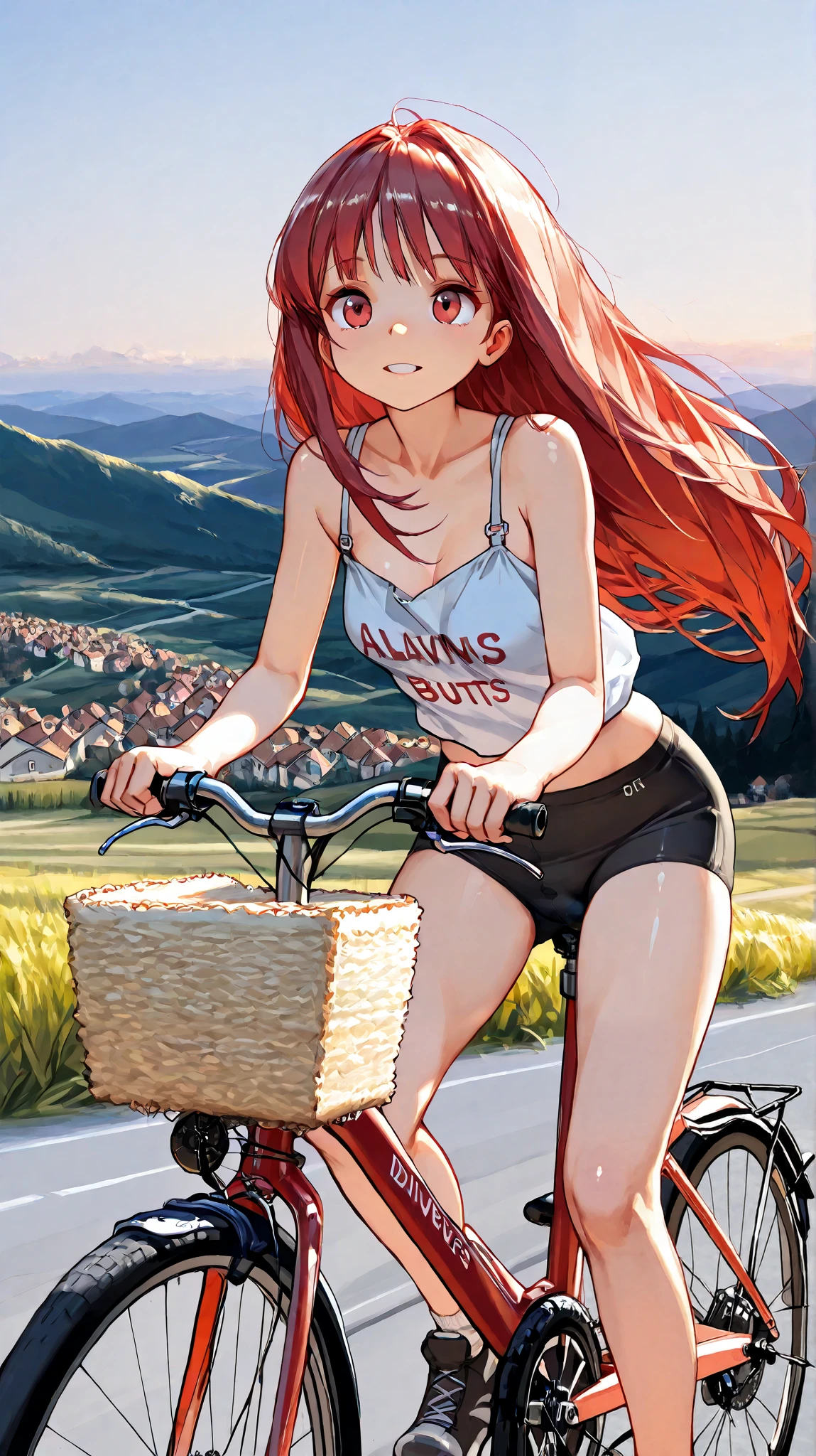  1girl , s,  red long hair , in , Drives on a (((Bicycle))), always slips her butts over the saddle, And makes an erratic face,  View from the front,  in the countryside, idyllic small town, early evening , UHD,  masterpiece,  best quality, 8k 