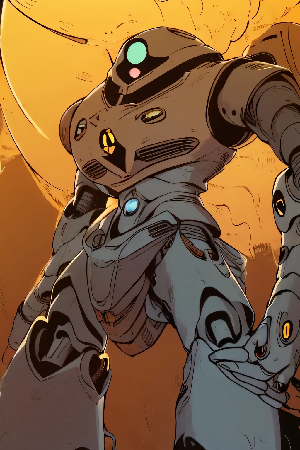 (thick limbs : 1.5), (bright eyes: 1.5), (metal body robot: 1.5), Unreal Engine, ((TOP QUALITY, masterpiece, Ultra Fine, 4K, 8k)), realistic, sci-fi,shining eyes, ( lens flare:0.3), Volume Fog , Male,  Nijimecha, (thunder: 1.5), ((Is making intense movements: 1.5)), (He holds a very large electric sword in front of his body: 1.0), (midnight, Big Fullmoon: 1.5), (sandstorm: 1.5), (above view), mk, AmphibiousMS