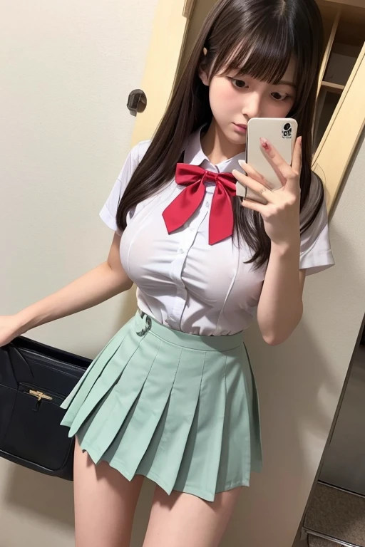 ((beautiful eyes with fine detail)), realistic skin, (intricate details), best lighting, depth field, ((ultra high resolution, high res)), {highres}, {{very fine 8KCG wallpapers}}, {{very precise detailed}}, ((((masterpiece)))), nsfw, 1girl,teenager, Blushing, smile, ((japanese uniform)),((showing nippls)), (small breast), ((navy blue pleated miniskirt)), ((skirt lift:1.7)), (tie),black socks, (panties), (((mirror,smartphone,selfie))), locker room