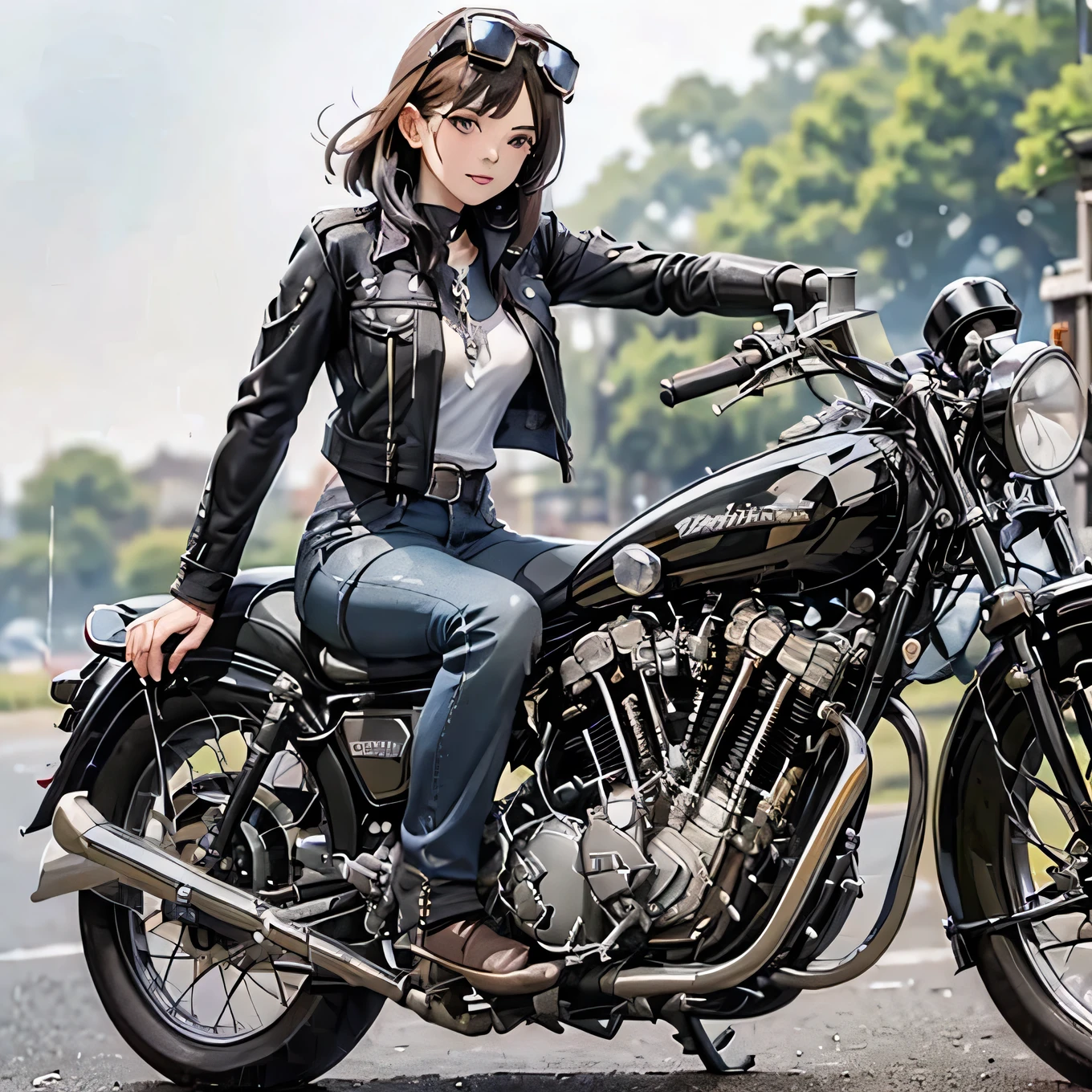 Bluff Superior SS100、(クラシックRiding on motorcycle )、(Vintage Bikes、Bluff Superior SS100)、Isle of Man Races、 (Riding on motorcycle:1.2), Beautiful young woman、18-year-old、Beautiful Face, Beautiful delicate eyes, Black Hair, Short Bob Hair, Classic Leather Jacket、Cromwell helmet with goggles、After the Rain、English countryside、 Detailed Description、(Highest quality, masterpiece, High resolution)、8k、wallpaper