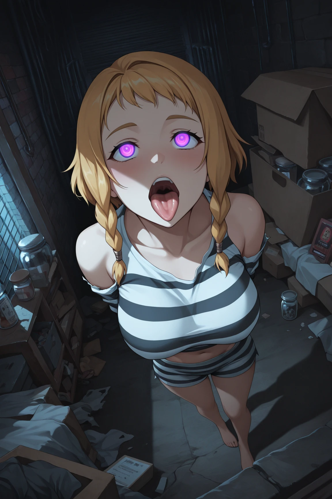 Pulling twin tails, white liquid all over the body, taken from the front, (((masterpiece)))), (best image quality))), (beautiful eyes), masterpiece, alone, solo, hair inhalation, torn clothes, handcuffs, chains, tears, clasps, chains, heart-shaped pupils, crying, shackles, shackles, face and chest, mouth wide open, drooling from mouth, crawling on all fours, blonde, short cut, deep throat handle