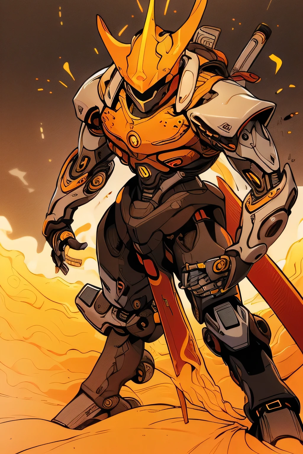 (thick limbs : 1.5), (bright eyes: 1.5), (metal body robot: 1.5), Unreal Engine, ((TOP QUALITY, masterpiece, Ultra Fine, 4K, 8k)), realistic, sci-fi,shining eyes, ( lens flare:0.3), Volume Fog , Male,  Nijimecha, (thunder: 1.5), ((Is making intense movements: 1.5)), (He holds a very large electric sword in front of his body: 1.0), (Big Sun: 1.5, prominence), (sandstorm: 1.5), (above view), mk, AmphibiousMS