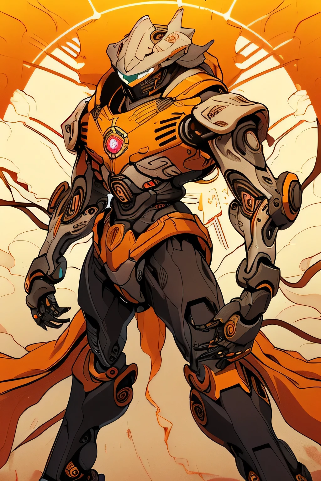 (thick limbs : 1.5), (bright eyes: 1.5), (metal body robot: 1.5), Unreal Engine, ((TOP QUALITY, masterpiece, Ultra Fine, 4K, 8k)), realistic, sci-fi,shining eyes, ( lens flare:0.3), Volume Fog , Male,  Nijimecha, (thunder: 1.5), ((Is making intense movements: 1.5)), (He holds a very large electric sword in front of his body: 1.0), (Big Sun: 1.5, prominence), (sandstorm: 1.5), (above view), mk, AmphibiousMS