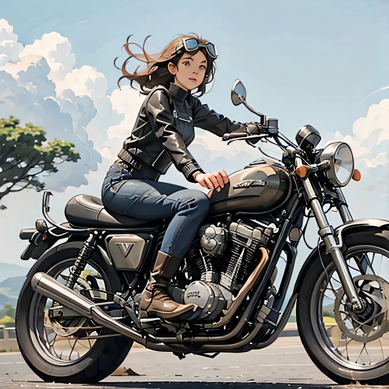 Vintage Bikes、victory、Isle of Man Races、(A young female rider speeds along on a motorcycle)、Leather jumper、Cromwell helmet with goggles、After the Rain、English countryside、