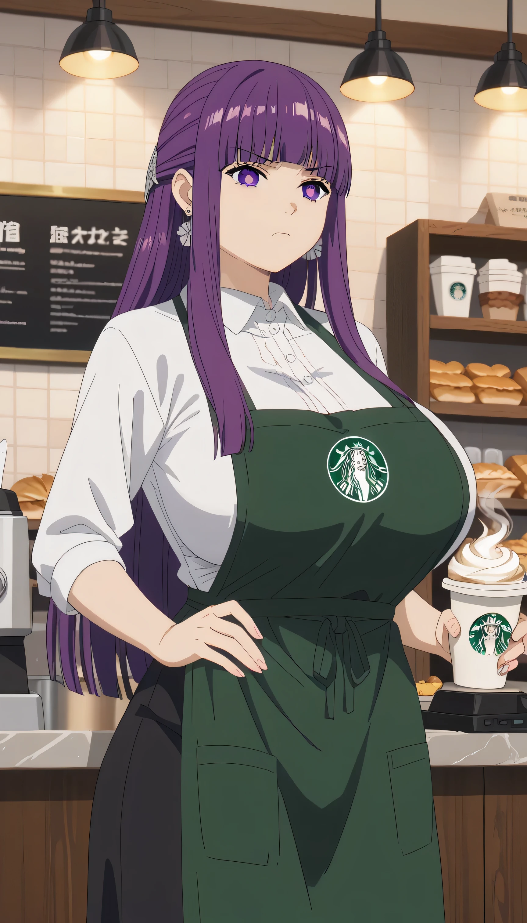 score_9, score_8_up, score_7_up, source_anime, 1girl, fern, long hair, bangs, purple eyes, purple hair, sidelocks, blunt bangs, bright pupils, half updo, anime screencap, huge breasts, curvy, voluptuous, nude apron, employee hat, earrings, annoyed, standing, hands on hips, coffee shop, Starbucks, indoors