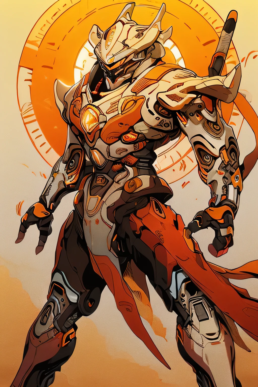 (thick limbs : 1.5), (bright eyes: 1.5), (metal body robot: 1.5), Unreal Engine, ((TOP QUALITY, masterpiece, Ultra Fine, 4K, 8k)), realistic, sci-fi,shining eyes, ( lens flare:0.3), Volume Fog , Male,  Nijimecha, (thunder: 1.5), ((Is making intense movements: 1.5)), (He holds a very large electric sword in front of his body: 1.0), (Big Sun: 1.5, prominence), (sandstorm: 1.5), (above view), mk, AmphibiousMS