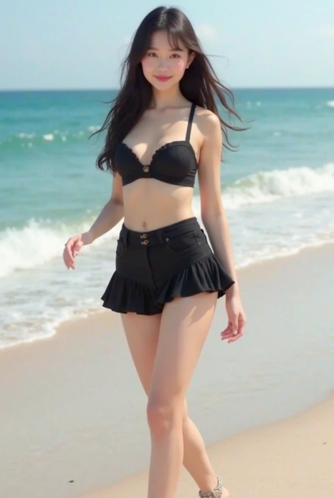 1girl,(((Frontal bust shot angle))),Wide open chest、(((Okinawa ocean)))、(((White sand beaches in Okinawa)))、8k UHD、Digital single-lens reflex camera、High resolution、Shallow depth of field、Natural light、(((黒色のマイクロbikini)))、(((bikini)))、(((Full body photography)) )、Small person、(((Young face)))、1 Japanese female、14 years old;beautiful girl、(Black Hair)、A strong wind blows up my skirt、(((Brown eyes)))、Glowing Skin、Smooth Thinning Hair、Long Hair、Detailed background、Detailed eyes and face、Clear Eyes、Cute smile、Calm atmosphere、(((stage)))、(((Small breasts)))、(((Beautiful Eyes)))、Flat chest、Children、(((Toned thighs))) 、(((Angle from below) ))、(((Fine lips)))、(((Skirt fluttering)))、Shining beautiful legs、( Skirt fluttering violently in the strong wind :1.4), (hair blowing in the strong wind:1.4), (leaning forward)、(((barefoot、barefoot)))