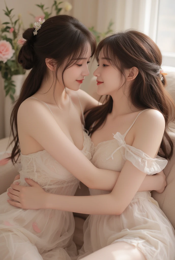 (highres),(realistic)
Renaissance, Vintage:1.4, 2 very young Girls, close friends and lovers,  Frilled Dress, low cleavage, Long Sleeves, Jewelry, Window, Indoor, Detailed Face, Soft Lighting, Delicate Textures, Antique Furnishings, Elegant Pose, Hugging and kissing on mouth, hands on boobs, Subtle Colors