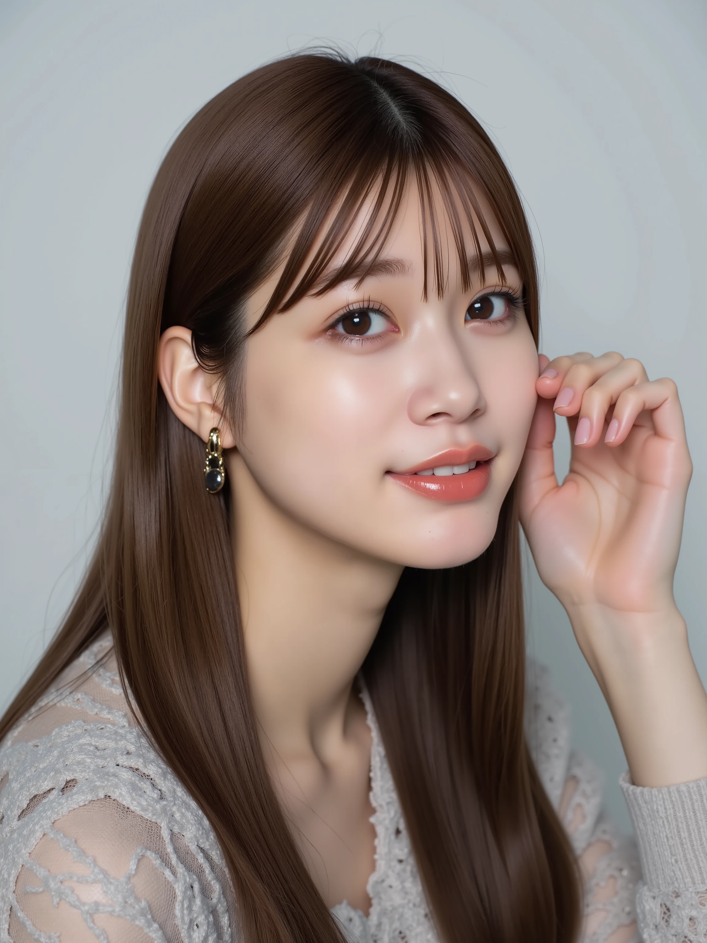 a high resolution photograph of a Japanese young woman, (photo-realistic, realistic, masterpiece, best quality), Intricate details, extremely detailed, ultra high definition, 8k, film grain, lens flare glow, sharp focus, professional lighting, profile, solo, 1girl, straight long glossy hair with bangs, smile, seductive, beautiful, cute, looking at the viewer, detailed face, detailed eyes, sophisticated nose, (detailed clothes features), simple background,
