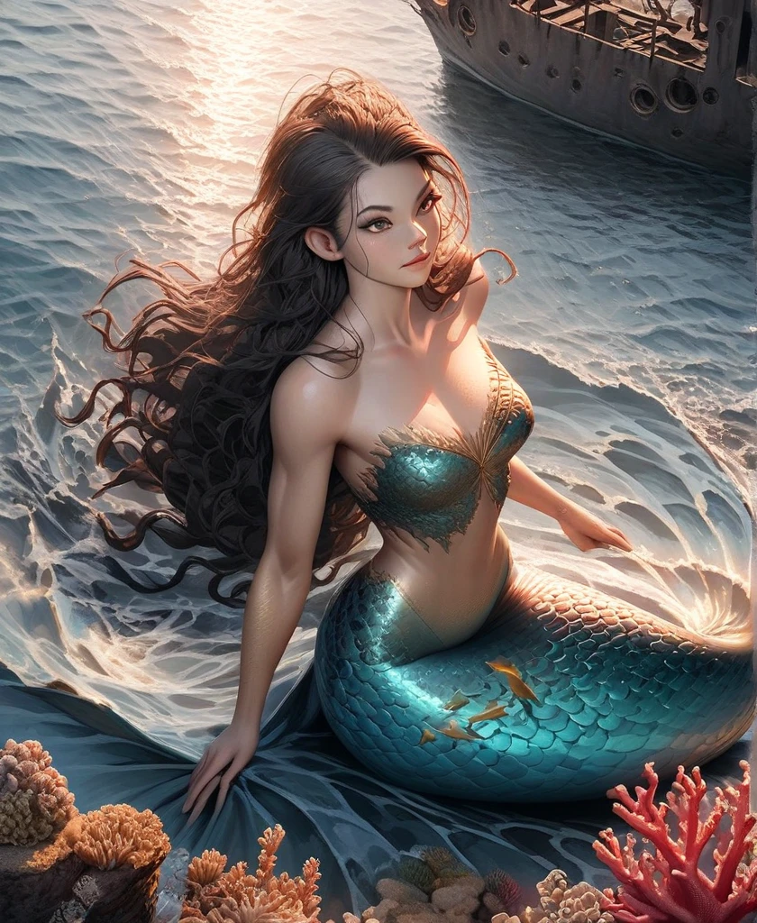 best quality, masterpiece, ultra-detailed, extremely detailed, an extremely delicate and beautiful, medium breast, best shadow, dramatic angle, bare shoulder, real, golden hour lighting, strong rim light, adult lady like woman, mermaid,, big breasts, fighting stance --auto