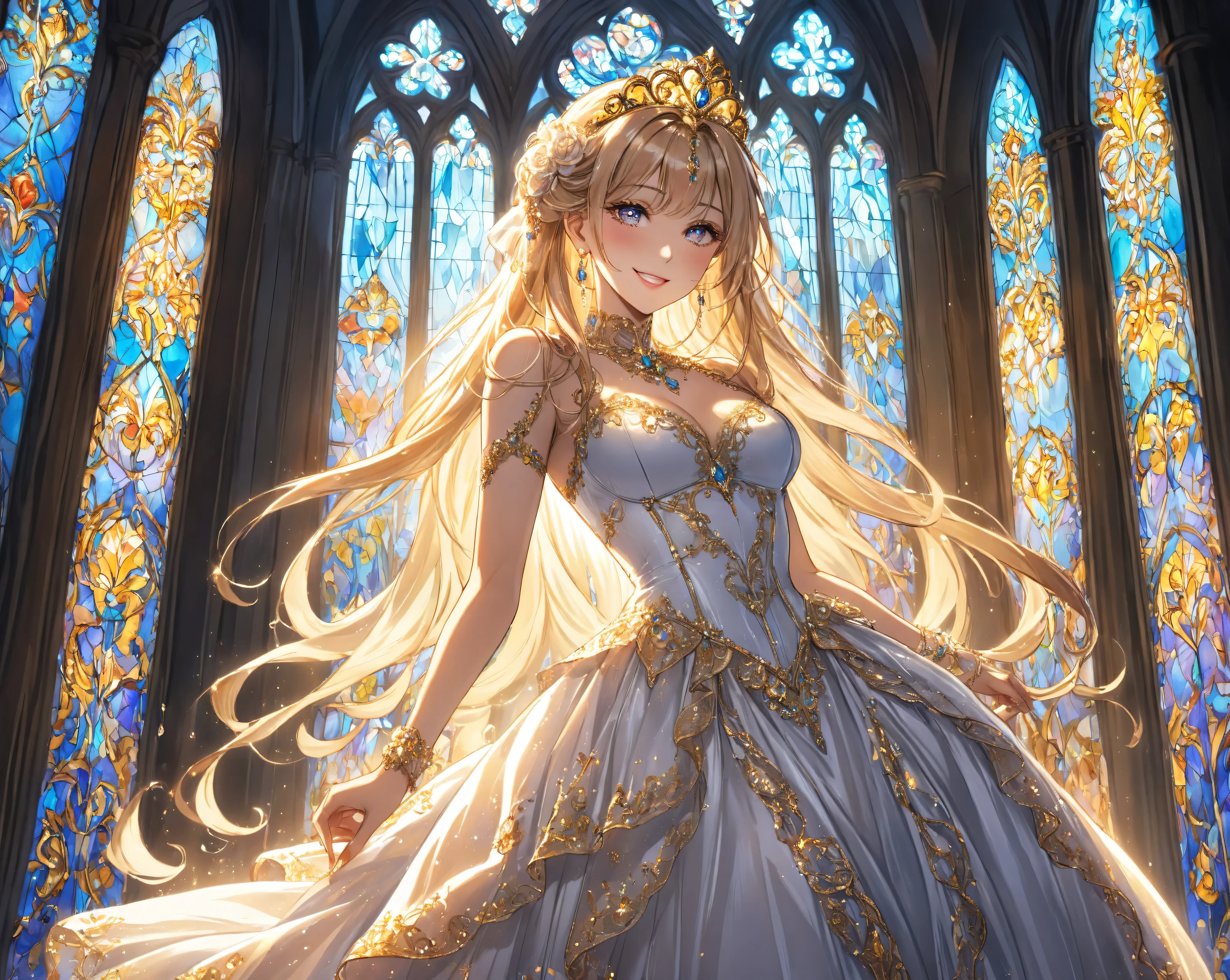 anime、 anime tone、 anime illustration、2.5D、 stained glass、Illuminated by stained glass light、Woman with an oblique angle、(Retrospective beauty pose , skirt)、A Beautiful age Woman( big smile full of happiness 、 supple and curved proportions)。
(Venetian Style 、daring lace and luxurious gold thread embroidery evening long dress、)、jeweled tiara。
The background is a mysterious church interior、Intense sunlight shines through the gothic stained glass window from behind、 Miraculously beautiful stained glass light illuminates the inside of the church and is filled with prism-colored light、A woman is enveloped in dazzling sunlight、 Fantastic。
A woman who is breathtakingly beautiful、A woman whose hair is carefully drawn, down to the last,Like an illustration drawn by a first-class illustrator, anime picture。