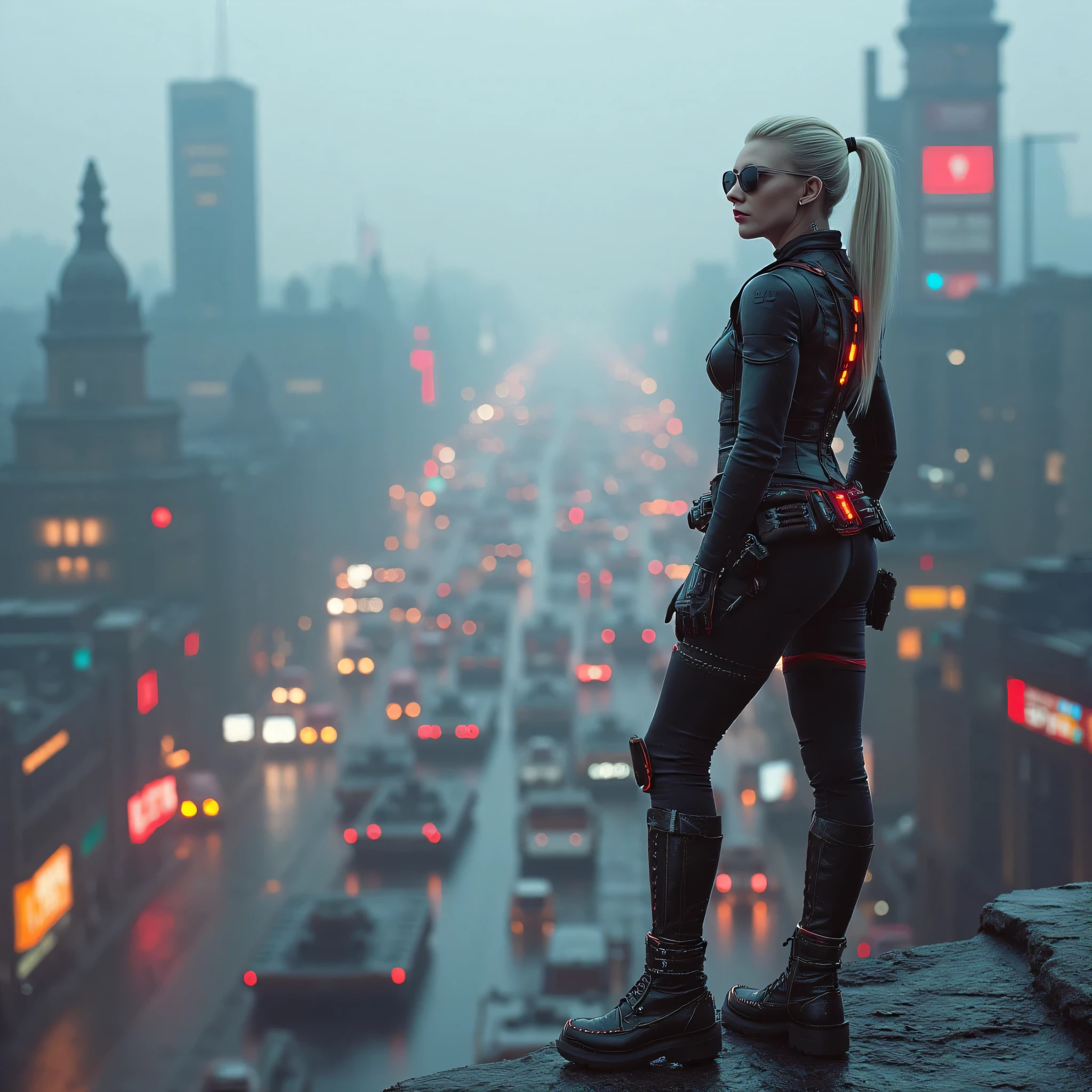 A cyberpunk-inspired woman stands confidently on the edge of a towering cliff, her posture radiating icy confidence. Her platinum white hair is swept into a high ponytail, with a few strands framing her sharp features. Transparent sunglasses with faint red-tinted lenses reflect the vibrant chaos of the neon-lit city below. She wears large silver hoop earrings that shimmer in the ambient light.
Her outfit combines military precision with cyberpunk aesthetics, featuring a black armored vest with red accents, a skirt reinforced with reflective plating, and a utility belt loaded with high-tech gadgets. The form-fitting armored vest hugs her athletic build while providing protection, sleek and cut low at the sides to accentuate her toned physique. Her legs are clad in armored thigh-high stockings, while knee-high combat boots with neon trims complete her tactical, yet provocative look.
A utility belt, loaded with cybernetic gadgets, grenades, and small tech tools, rests low on her hips, completing the tactical look. Fingerless gloves provide full dexterity, allowing for swift actions.
Standing with one hand resting confidently on her hip, the other adjusting her sunglasses, she surveys the chaotic city ahead, fully prepared for whatever comes next.
Above her, sleek fighter jets zoom across the misty sky, their powerful engines roaring as they leave behind trails of bright neon blue and red exhaust. The jets, agile and deadly, cut through the air, adding a sense of impending danger and high-speed tension to the scene as they soar above the neon-lit metropolis below.
Below her, a massive military presence surges through the streets of the city. Tanks roll forward with thundering tracks, their colossal bodies covered in heavy armor and weapons bristling from every angle. Soldiers march in tight formations, clad in advanced combat suits, their boots pounding the ground in unison as they move with purpose. Armored trucks and war vehicles follow in their wake, a