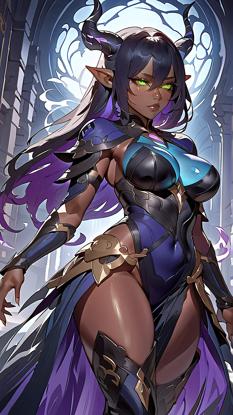 1girll,Gorgeous Hair in Long Purple,Purple jumpsuit,Tattooed with,There is a red cord around the waist,purple boots,Thigh leg rings,Left-handed katana,The right hand releases a purple energy glow,Hands full breasts, Convex buttocks, city ruins,holy rays,A desert,Detailed background, Clothing details, perfectly proportioned, filmgrain, Fuji colors, lightand shade contrast, tmasterpiece, high detal, high qulity, A high resolution, Cinematic lighting, 8K, Textured skin, Super detail