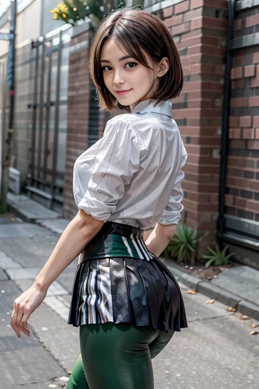 It's dark night, (Emma Watson), short straight black hair, hairstyle Bib, A woman stands in the dark against a wall, It's night and raining heavily. The lonely street lamp provides little light, your white clothes are completely soaked, ((camera position behind the woman from below)), ((The small round butt can be seen under the miniskirt)), (round breasts), (small head), (masterpiece:1.2) (photorealistic:1.2) (best quality) (intricate details) (8K) (high poly) (ray tracing), (sharp focus), (natural skin textures)