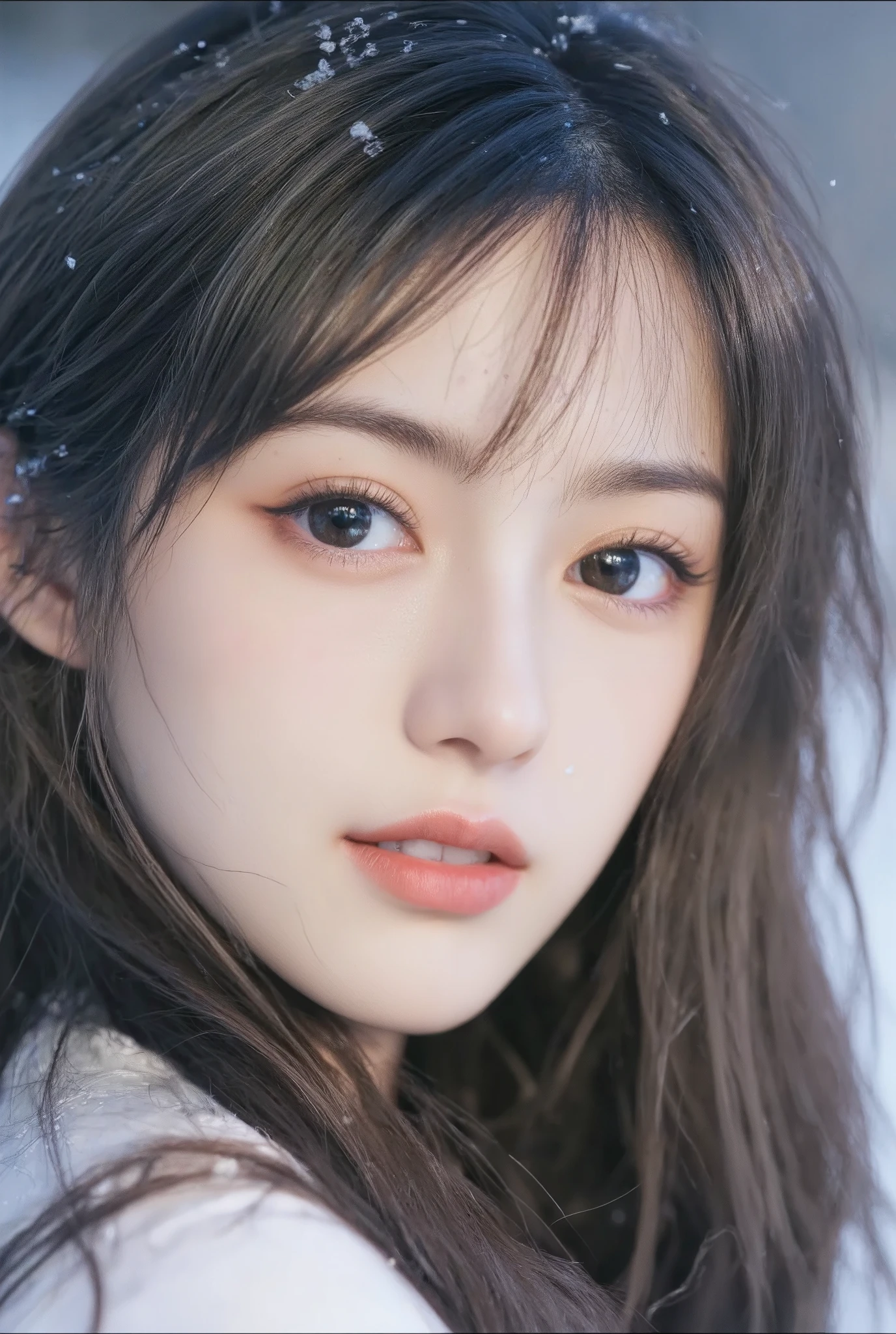 （masterpiece, best quality :1.2), winter,1 woman, [white breath] 、( Fantastic)Winter Festival 、 Snowflakes、❄️、cinematic lighting ,focus on her face,background blur,  fantastic