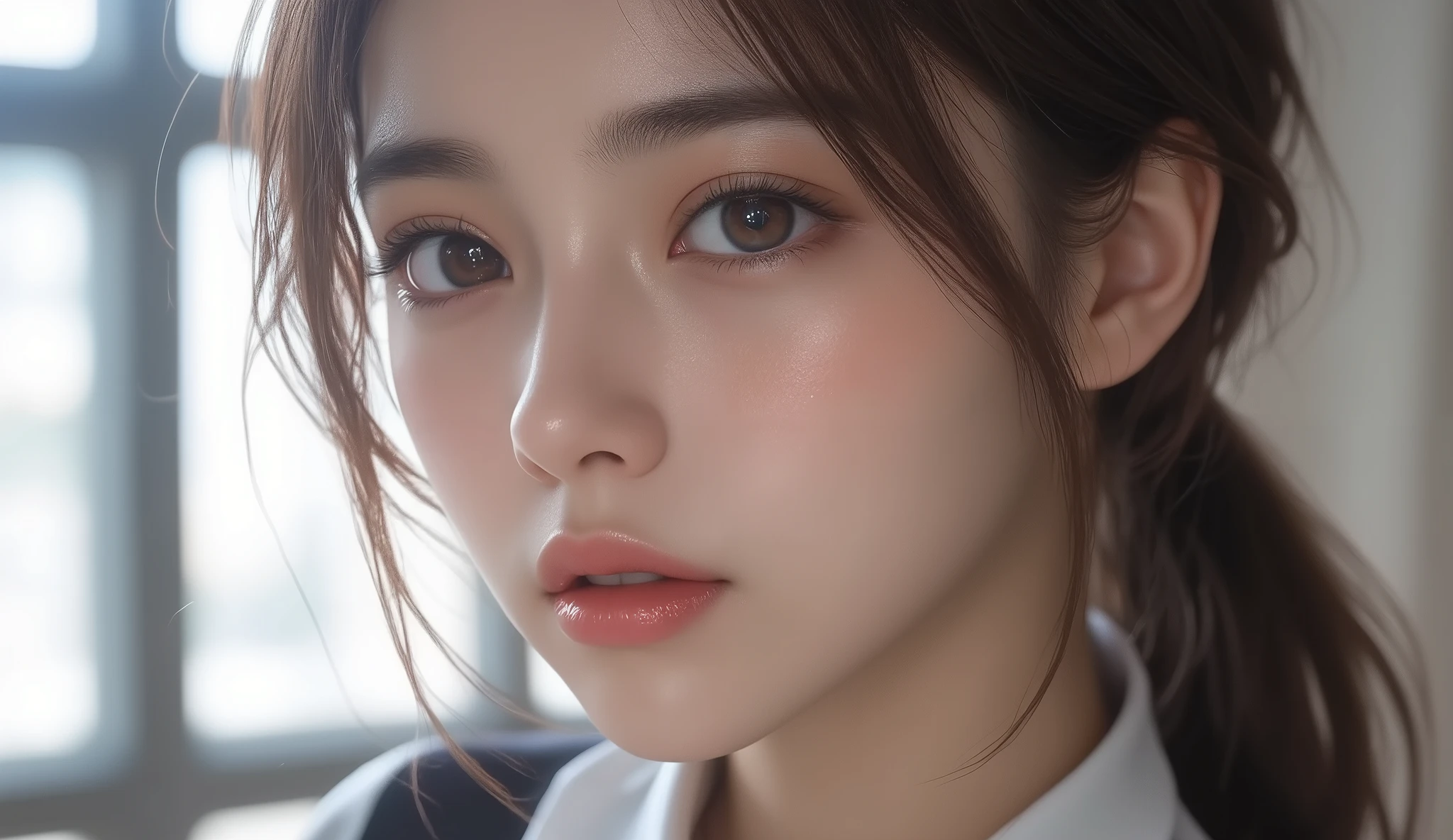 8k,Ultra High Definition , TOP QUALITY, masterpiece,rule of thirds,golden ratio,surreal, photos, one woman,( girls on the left:1.3),cute,cute顔, Beautiful Eyes in Every Detail , 細かくexhaustive,mature woman, princess,close up,smile, black hair,Pulled back hair,ID photo, luxurious and beautiful ,(A Famous Japanese Idol Girl), (( wearing a Japanese high school uniform with a white shirt, blazer, and skirt)),(((She Has an Ecstatic Expression))), very delicate expression , delicate eye description,, Healthy Body , (( 1 female)), Height: 160cm ,( thin waist:1.4)、( Beautiful :1.4), pink lips,profile,((( ideal figure))),Small bust, A cup :2,、 portraits:2、 perfect anatomy 、鮮明な exhaustive、 exhaustive, thin lips,Perfect and beautiful face ,完璧でcute顔, meticulous skin , Perfect Limbs 、 thin waist, surreal,Light and Dark, Fashion Magazine Cover ,glowing