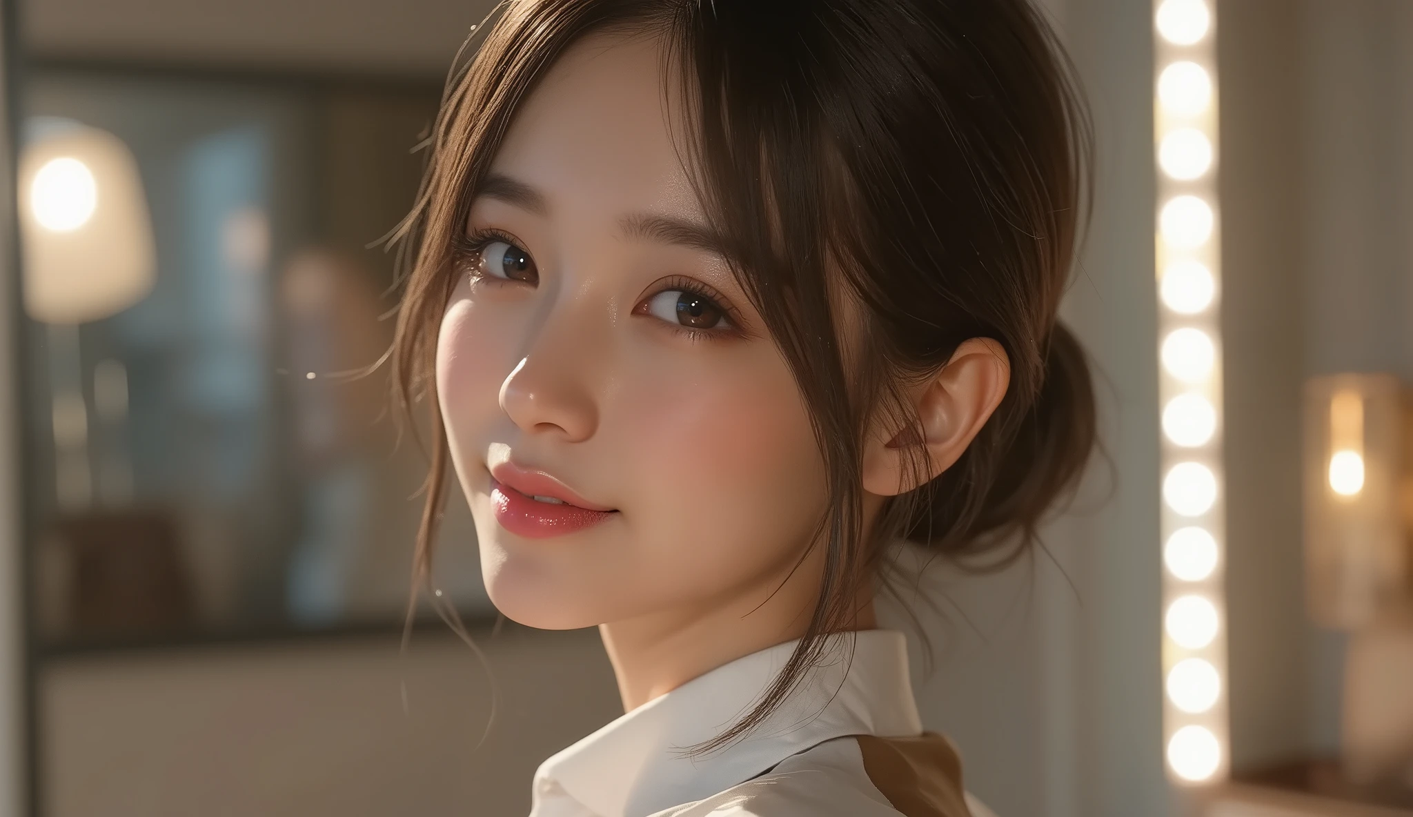 8k,Ultra High Definition ,  TOP QUALITY,  masterpiece,rule of thirds,golden ratio,surreal, photos,  one woman,(  girls on the left:1.3),cute,cute顔, Beautiful Eyes in Every Detail , 細かくexhaustive,mature woman, princess,close up,smile, black hair,Pulled back hair,ID photo, luxurious and beautiful ,(A  Famous Japanese Idol Girl), (( wearing a Japanese high school uniform with a white shirt, blazer, and skirt)),(((She Has an Ecstatic Expression))), very delicate expression ,  delicate eye description,,  Healthy Body , (( 1 female)), Height: 160cm ,(  thin waist:1.4)、( Beautiful :1.4), pink lips,profile,(((  ideal figure))),Small bust, A cup :2,、 portraits:2、 perfect anatomy 、鮮明な exhaustive、 exhaustive, thin lips,Perfect and beautiful face  ,完璧でcute顔,   meticulous skin  ,  Perfect Limbs 、  thin waist, surreal,Light and Dark,  Fashion Magazine Cover ,glowing 