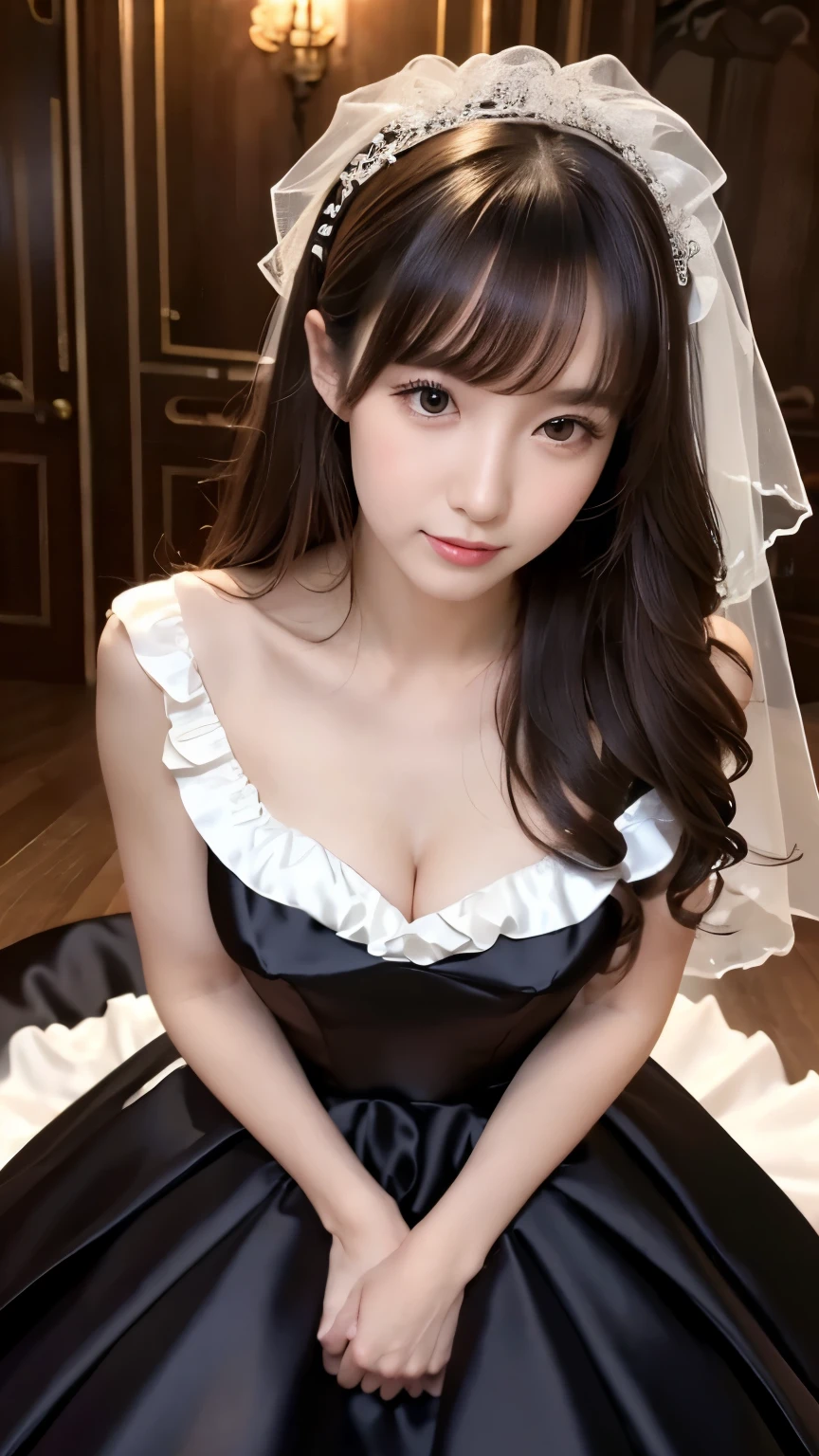(((highest quality, pieces fly, ultra high resolution、the most complex and detailed depiction、Awards, 8K、明るくvividな)))、(1 beautiful maid princess、A maid stands gracefully)、(A very brightly lit prostitute maid princess:1.2)、(Gorgeous victorian maid dress rack and luxurious long skirt white maid outfit、Finest giant black and white maid princess costume、Dress rack and white maid Dress rack and white maid Dress lil apron and black and white maid outfit)、((The background is the most luxurious Victorian prostitute&#39;bedroom、The finest giant bed in a brothel、Finest Victorian brothel、vivid、very moody lighting、so gorgeous、Luxury beyond imagination、prostitute&#39;bedroom decorated with many ornaments,、Very complex and detailed background、highly complex and detailed textures))、(look at me and smile、the happiest smile、emphasize body line、big and full breasts)