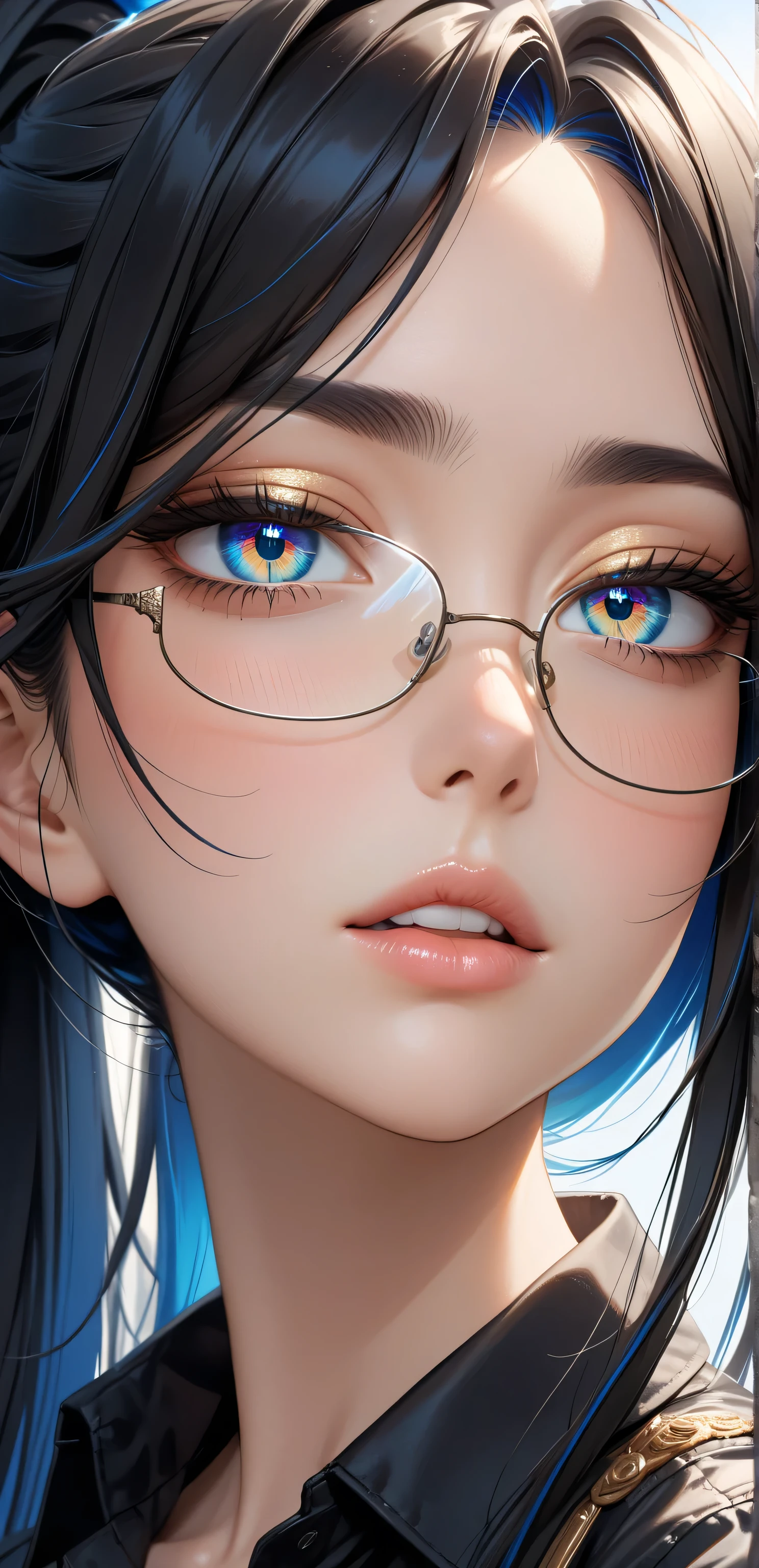 Close up, upper body, Random Sexy pose , ((Ultra detailing)), ((very aesthetic, best quality, ultra detailed)), intricate details, 1girl, ((long hair, Black hair, high ponytail, blue inner hair)), ((Multi colour eyes)), ((Detailed eyes)), ((Beautifull eyes)), ((prefect eyes)), ((Ultra detailing eyes)) ,Medium breast, sharp jawline, long hair,((black Collared shirt, sexy glasses)),