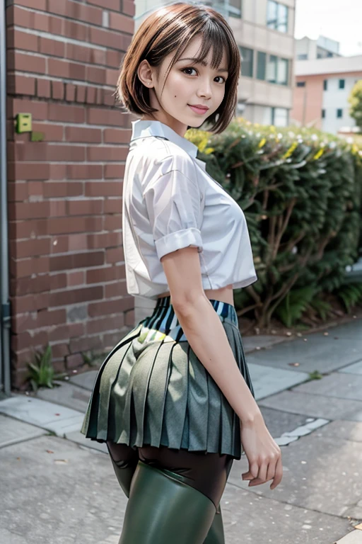 (Best-quality, Masterpiece, Ultra-High-Resolution, (Photorealistic:1.4), Raw Photo, depth of field, professional lighting, perfect anatomy, extremely details), 1girl, 15-years-old, the most famous Japanese idol, (wearing white blouse and light-green long-pleated-skirt), ((hips bent to other side):1.3), ((upturned ass):1.2), innocent smile