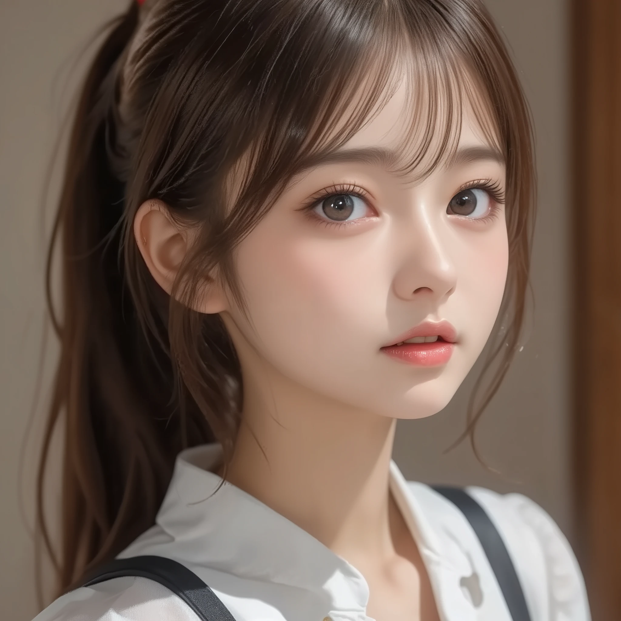8k,Ultra High Definition , TOP QUALITY, masterpiece,rule of thirds,golden ratio,surreal, photos, one woman,( girls on the left:1.3),cute,cute顔, Beautiful Eyes in Every Detail , 細かくexhaustive,mature woman, princess,close up,smile, black hair,Pulled back hair,ID photo, luxurious and beautiful ,(A Famous Japanese Idol Girl), (( wearing a Japanese high school uniform with a white shirt, blazer, and skirt)),(((She Has an Ecstatic Expression))), very delicate expression , delicate eye description,, Healthy Body , (( 1 female)), Height: 160cm ,( thin waist:1.4)、( Beautiful :1.4), pink lips,profile,((( ideal figure))),Small bust, A cup :2,、 portraits:2、 perfect anatomy 、鮮明な exhaustive、 exhaustive, thin lips,Perfect and beautiful face ,完璧でcute顔, meticulous skin , Perfect Limbs 、 thin waist, surreal,Light and Dark, Fashion Magazine Cover ,glowing