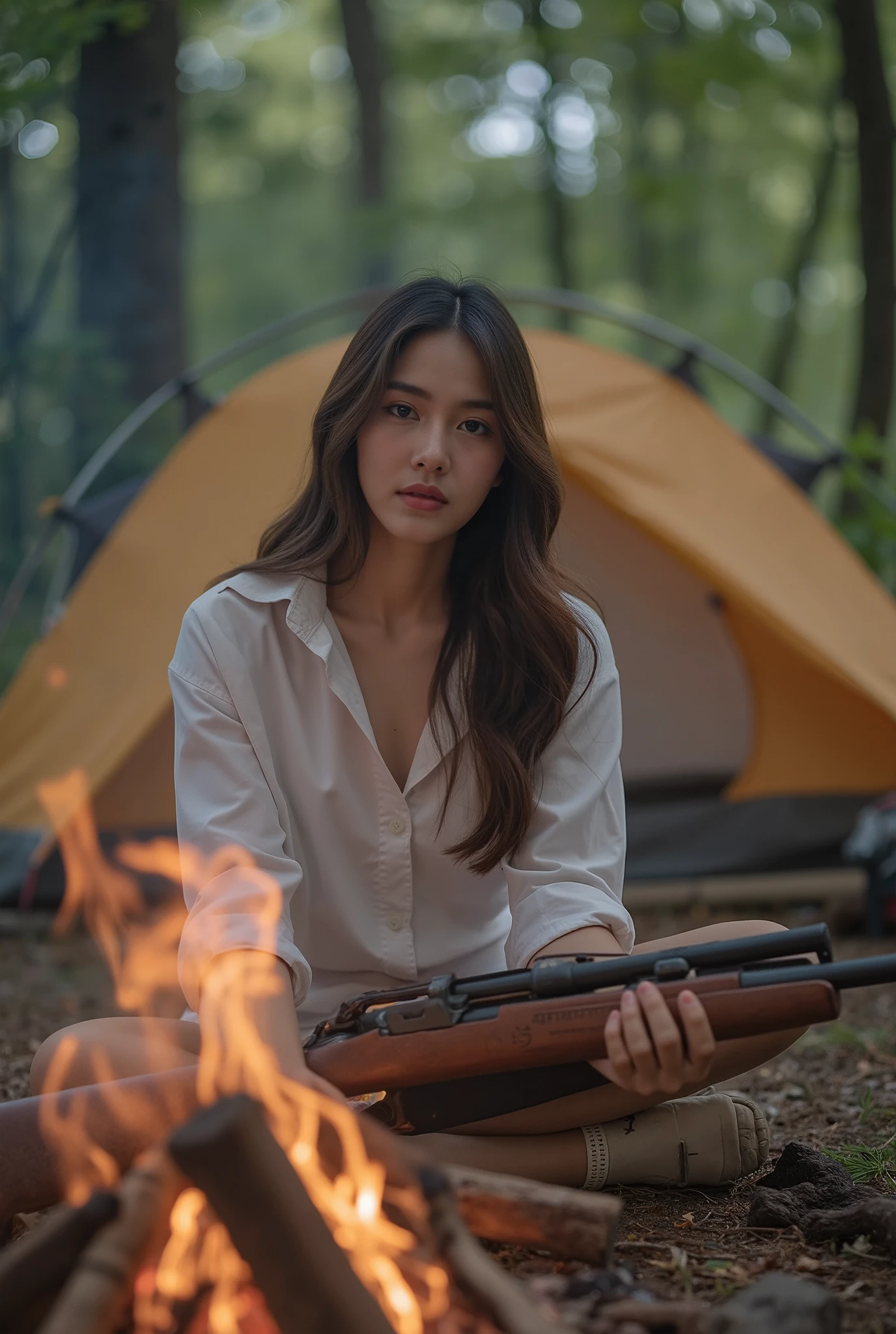 a beautiful young thai woman, 27 years old, slender figure, long hair, wearing a hiking outfit with a white shirt, holding a rifle, sitting in front of a campfire outside a tent, primeval forest, cinematic scenery, best quality, 4k, 8k, highres, masterpiece:1.2, ultra-detailed, realistic, photorealistic, photo-realistic:1.37, HDR, UHD, studio lighting, ultra-fine painting, sharp focus, physically-based rendering, extreme detail description, professional, vivid colors, bokeh, portrait