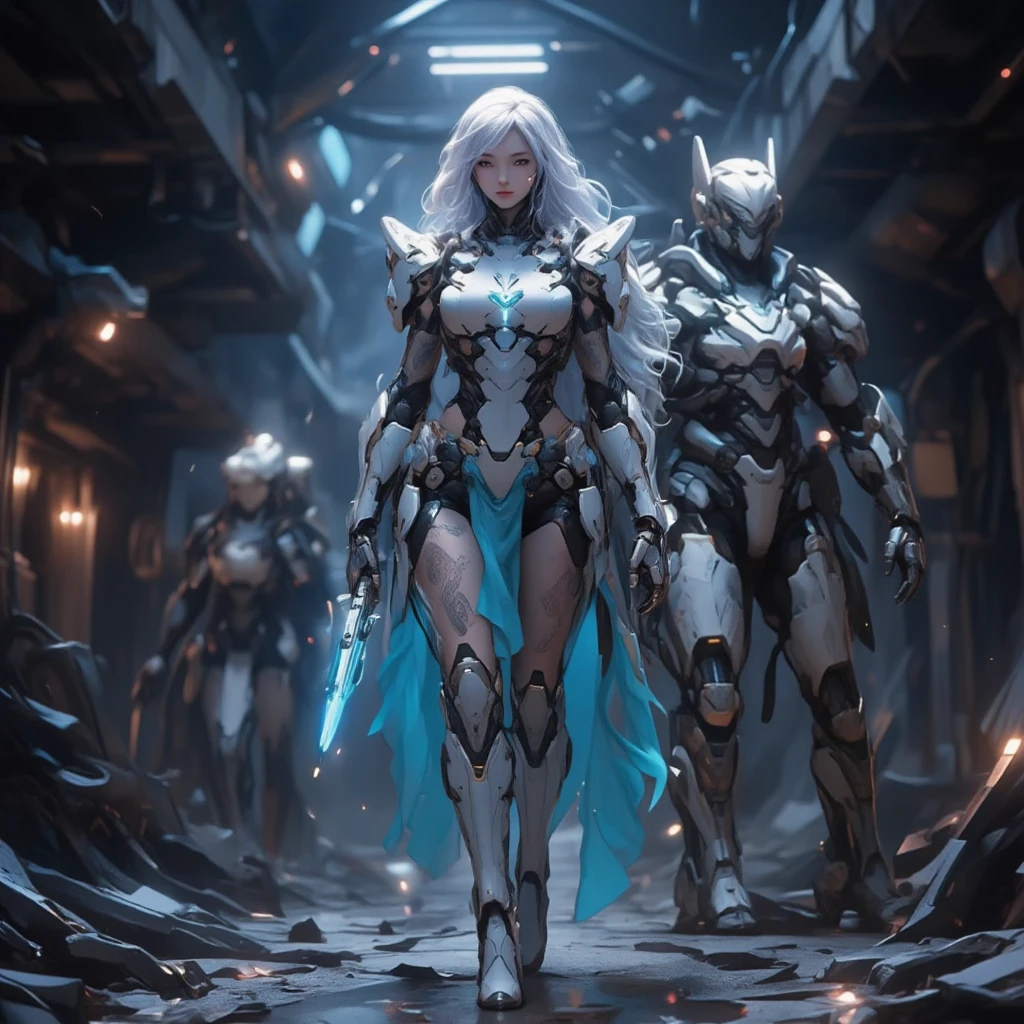 there are many people in a room with armor and weapons, white cyborg fashion shot, still frame from a movie, ava max, tom bagshaw and tom richmond, clothed in ethereal battle armor, symmetric armor, tai chi, billboard image, white horse, avatar ( 2 0 0 9 ), desaturated cold color palette, galadriel, 2 0 1 5 live music video --ar 16:9 --auto --s2