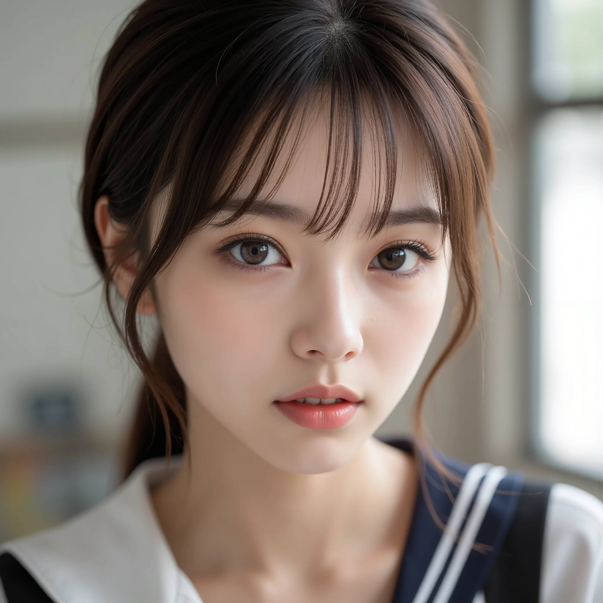 8k,Ultra High Definition ,  TOP QUALITY,  masterpiece,rule of thirds,golden ratio,surreal, photos,  one woman,(  girls on the left:1.3),cute,cute顔, Beautiful Eyes in Every Detail , 細かくexhaustive,mature woman, princess,close up,smile, black hair,Pulled back hair,ID photo, luxurious and beautiful ,(A  Famous Japanese Idol Girl), (( wearing a Japanese high school uniform with a white shirt, blazer, and skirt)),(((She Has an Ecstatic Expression))), very delicate expression ,  delicate eye description,,  Healthy Body , (( 1 female)), Height: 160cm ,(  thin waist:1.4)、( Beautiful :1.4), pink lips,profile,(((  ideal figure))),Small bust, A cup :2,、 portraits:2、 perfect anatomy 、鮮明な exhaustive、 exhaustive, thin lips,Perfect and beautiful face  ,完璧でcute顔,   meticulous skin  ,  Perfect Limbs 、  thin waist, surreal,Light and Dark,  Fashion Magazine Cover ,glowing 