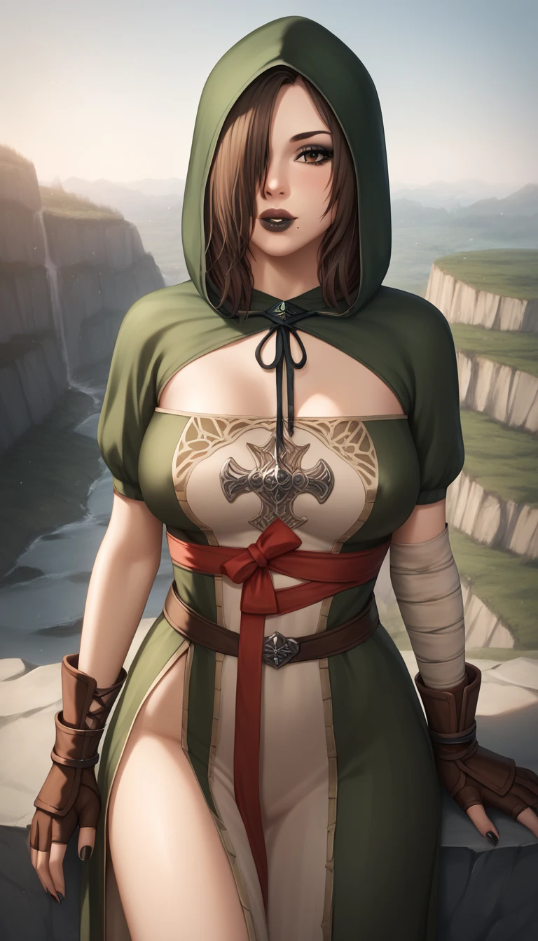 masterpiece, highest quality, highest resolution, distinct_image, detailed details) , 1 girl , 20's , young person , ( large breasts and large hips ), (attractive body, attractive face and attractive expressions and attractive eyes and attractive lips ) , ( soft hair and soft skin ) , light white skinned , one black mole on left eye , soft lips , black eyeshadow , black makeup , brown eyes , light bry hair  , hair over one eye , black lips , black fingernails , attractive women , attractive girl , big bright eyes , gold ring , ring , on cliff beside rock , dark souls 2 , emerald herald , fingerless gloves , attractive nipple's , dress , green  ,  bandage arm , bandage gloves , hood , green hood , 