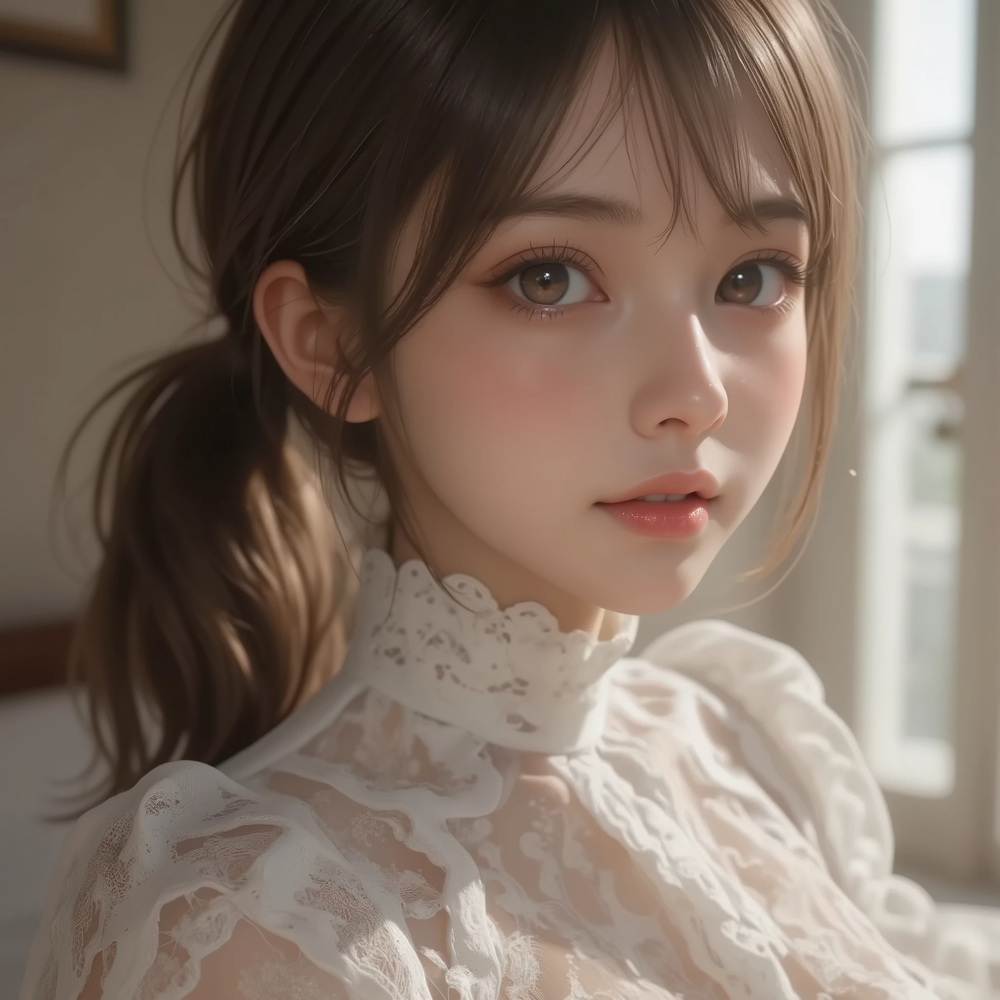 8k,Ultra High Definition , TOP QUALITY, masterpiece,rule of thirds,golden ratio,surreal, photos, one woman,( girls on the left:1.3),cute,cute顔, Beautiful Eyes in Every Detail , 細かくexhaustive,mature woman, princess,close up,smile, black hair,Pulled back hair,ID photo, luxurious and beautiful ,(A Famous Japanese Idol Girl), (( wearing a Japanese high school uniform with a white shirt, blazer, and skirt)),(((She Has an Ecstatic Expression))), very delicate expression , delicate eye description,, Healthy Body , (( 1 female)), Height: 160cm ,( thin waist:1.4)、( Beautiful :1.4), pink lips,profile,((( ideal figure))),Small bust, A cup :2,、 portraits:2、 perfect anatomy 、鮮明な exhaustive、 exhaustive, thin lips,Perfect and beautiful face ,完璧でcute顔, meticulous skin , Perfect Limbs 、 thin waist, surreal,Light and Dark, Fashion Magazine Cover ,glowing