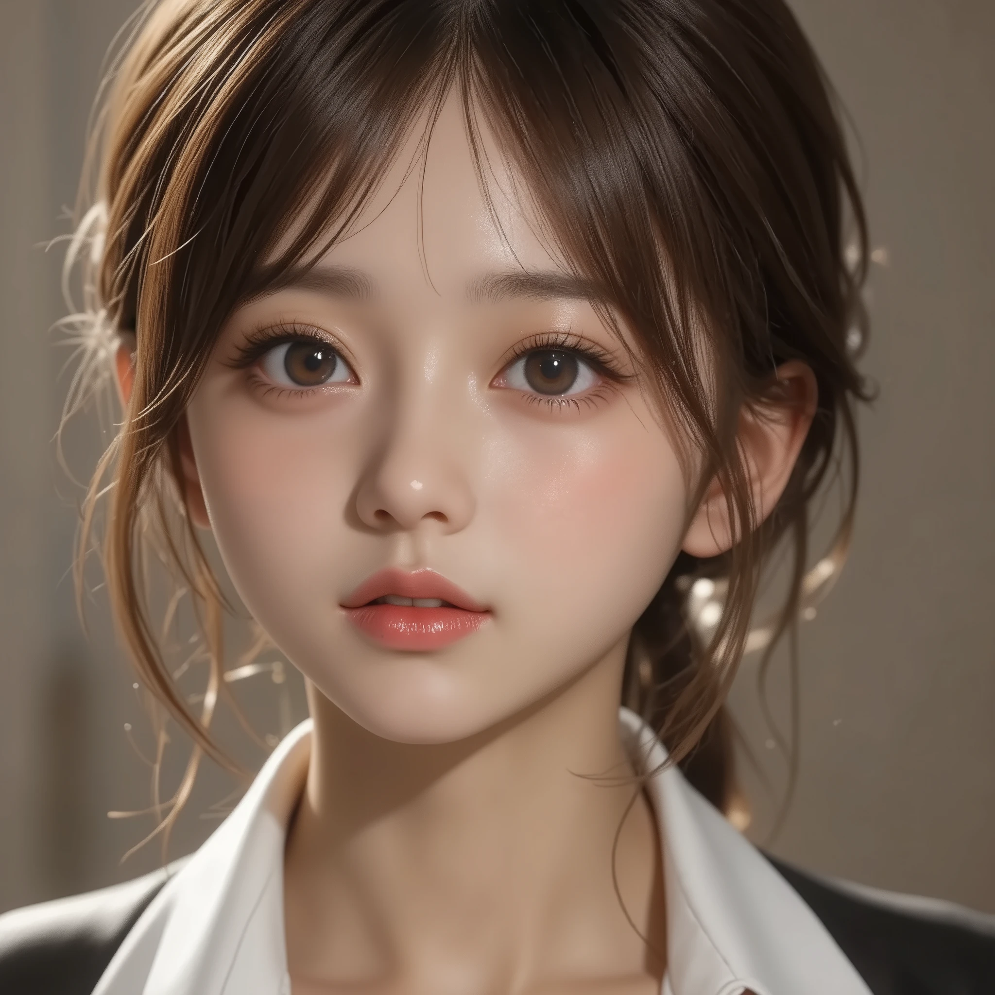 8k,Ultra High Definition , TOP QUALITY, masterpiece,rule of thirds,golden ratio,surreal, photos, one woman,( girls on the left:1.3),cute,cute顔, Beautiful Eyes in Every Detail , 細かくexhaustive,mature woman, princess,close up,smile, black hair,Pulled back hair,ID photo, luxurious and beautiful ,(A Famous Japanese Idol Girl), (( wearing a Japanese high school uniform with a white shirt, blazer, and skirt)),(((She Has an Ecstatic Expression))), very delicate expression , delicate eye description,, Healthy Body , (( 1 female)), Height: 160cm ,( thin waist:1.4)、( Beautiful :1.4), pink lips,profile,((( ideal figure))),Small bust, A cup :2,、 portraits:2、 perfect anatomy 、鮮明な exhaustive、 exhaustive, thin lips,Perfect and beautiful face ,完璧でcute顔, meticulous skin , Perfect Limbs 、 thin waist, surreal,Light and Dark, Fashion Magazine Cover ,glowing