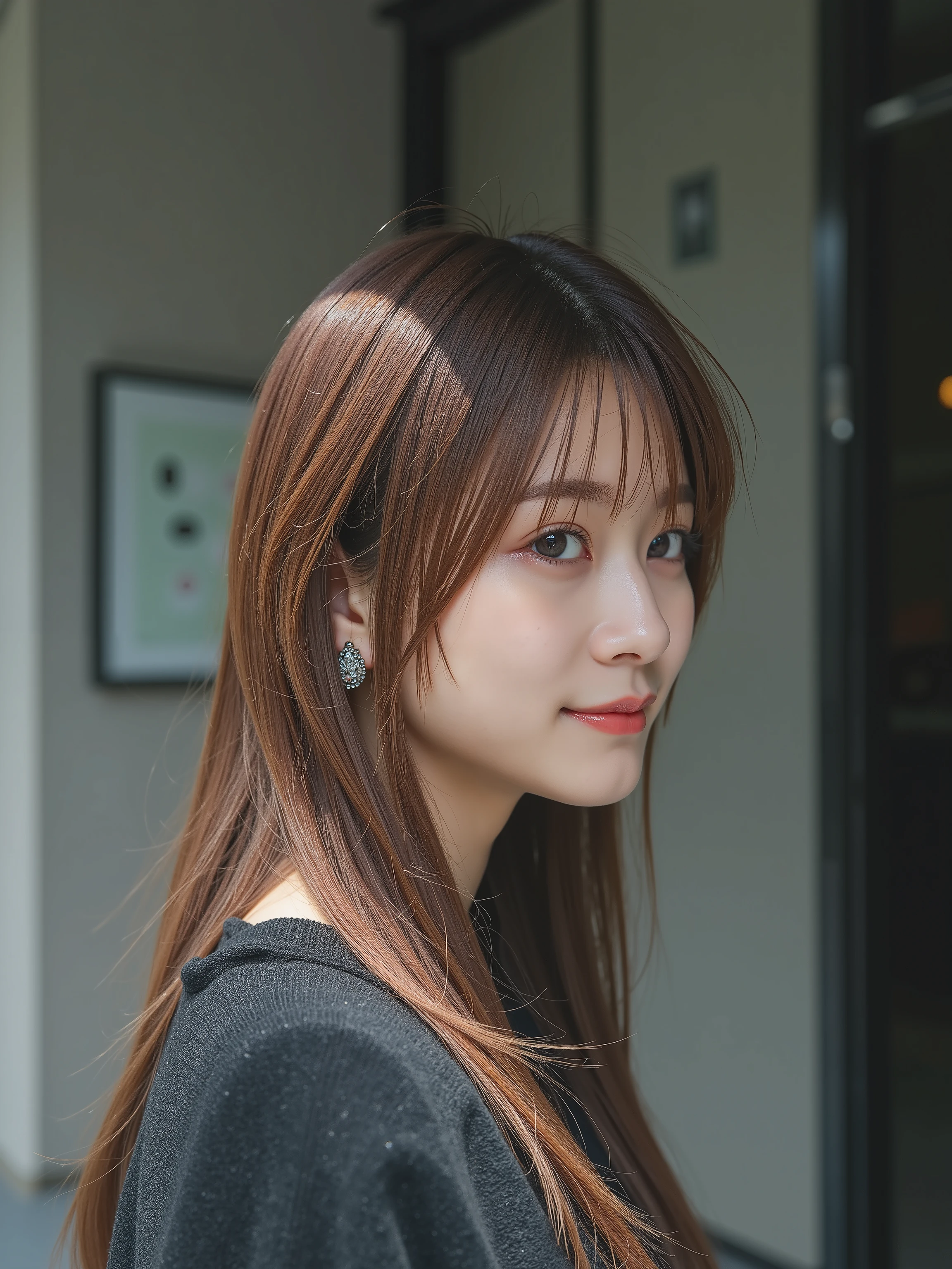 a high resolution photograph of a Japanese young woman, (photo-realistic, realistic, masterpiece, best quality), Intricate details, extremely detailed, ultra high definition, 8k, film grain, lens flare glow, sharp focus, professional lighting, profile, solo, 1girl, straight long glossy hair with bangs, smile, seductive, beautiful, cute, looking at the viewer, detailed face, detailed eyes, sophisticated nose, (detailed clothes features), simple background,