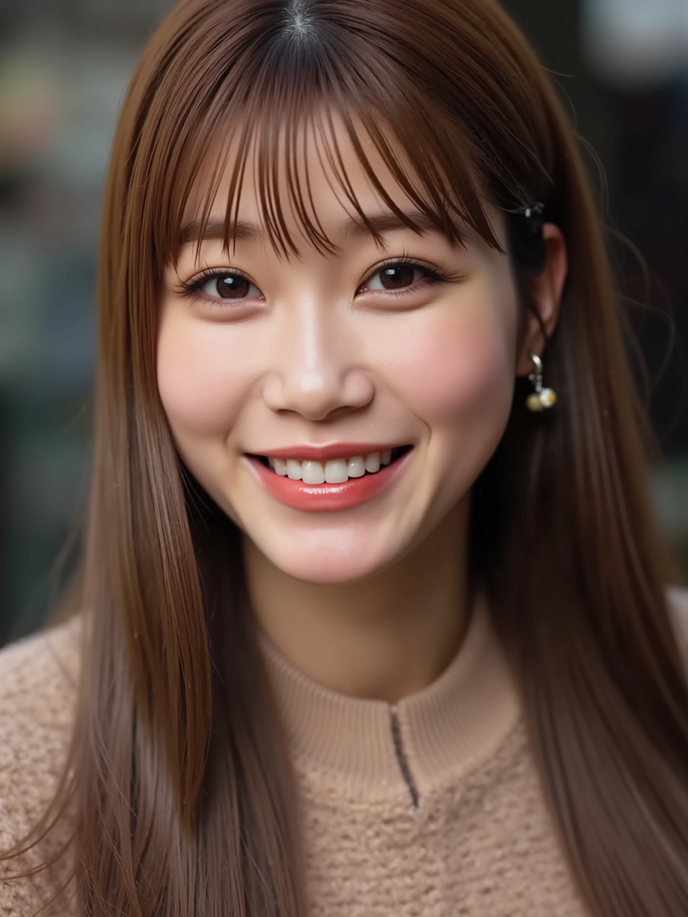 a high resolution photograph of a Japanese young woman, (photo-realistic, realistic, masterpiece, best quality), Intricate details, extremely detailed, ultra high definition, 8k, film grain, lens flare glow, sharp focus, professional lighting, profile, solo, 1girl, straight long glossy hair with bangs, smile, seductive, beautiful, cute, looking at the viewer, detailed face, detailed eyes, sophisticated nose, (detailed clothes features), simple background,