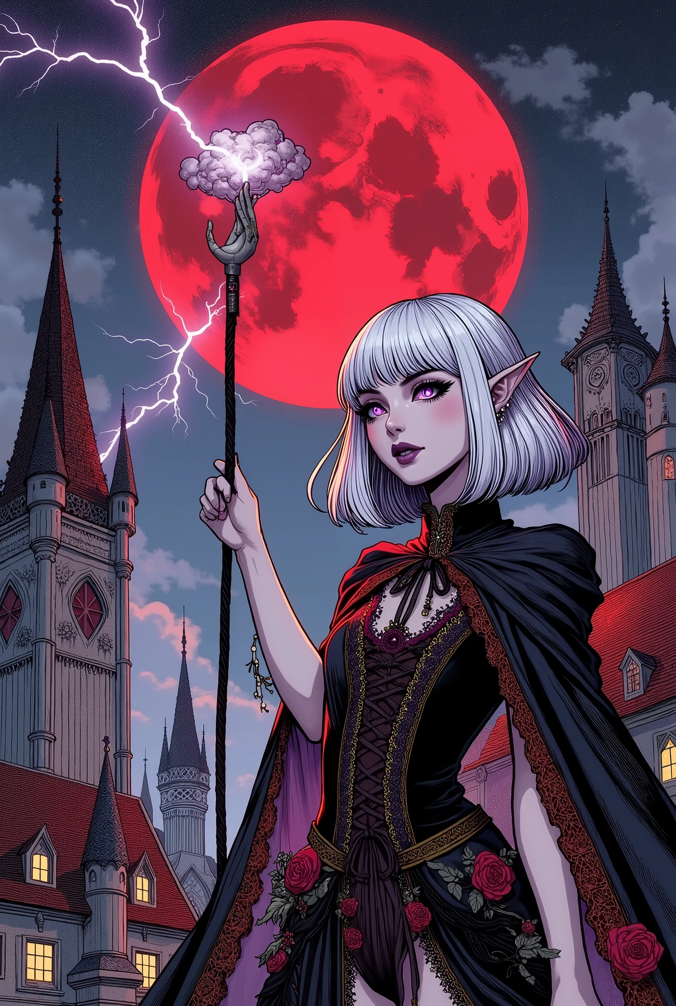 (Ultra-detailed face, Looking away, Gothic Illustration, Dark tone colors. She has five fingers on her hands and five toes on her feet.), BREAK 
(The red moon rises in the night sky. Stretching like a needle into the sky, above the roofs of the city's spires of Gothic-style towers. A landscape looking diagonally upward from the ground.), BREAK 
(A young female dark elf wizard, boldly posed, ropes a small cloud floating close by to a lightning rod held by a stone statue of a gargoyle supported by two hands. The wind is blowing from below upward.),  BREAK 
(A dark elf woman with white hair, white eyebrows, blunt bangs, shoulder-length hair, small pink lips, sparkling lavender eyes, clear white skin, and thick eyeliner.), (She wears a jet-black ribbon tie and a short, draped, jet-black lace-up dress with golden lace ruffles and embroidered red roses. She wears black ribbon laced sandals.)