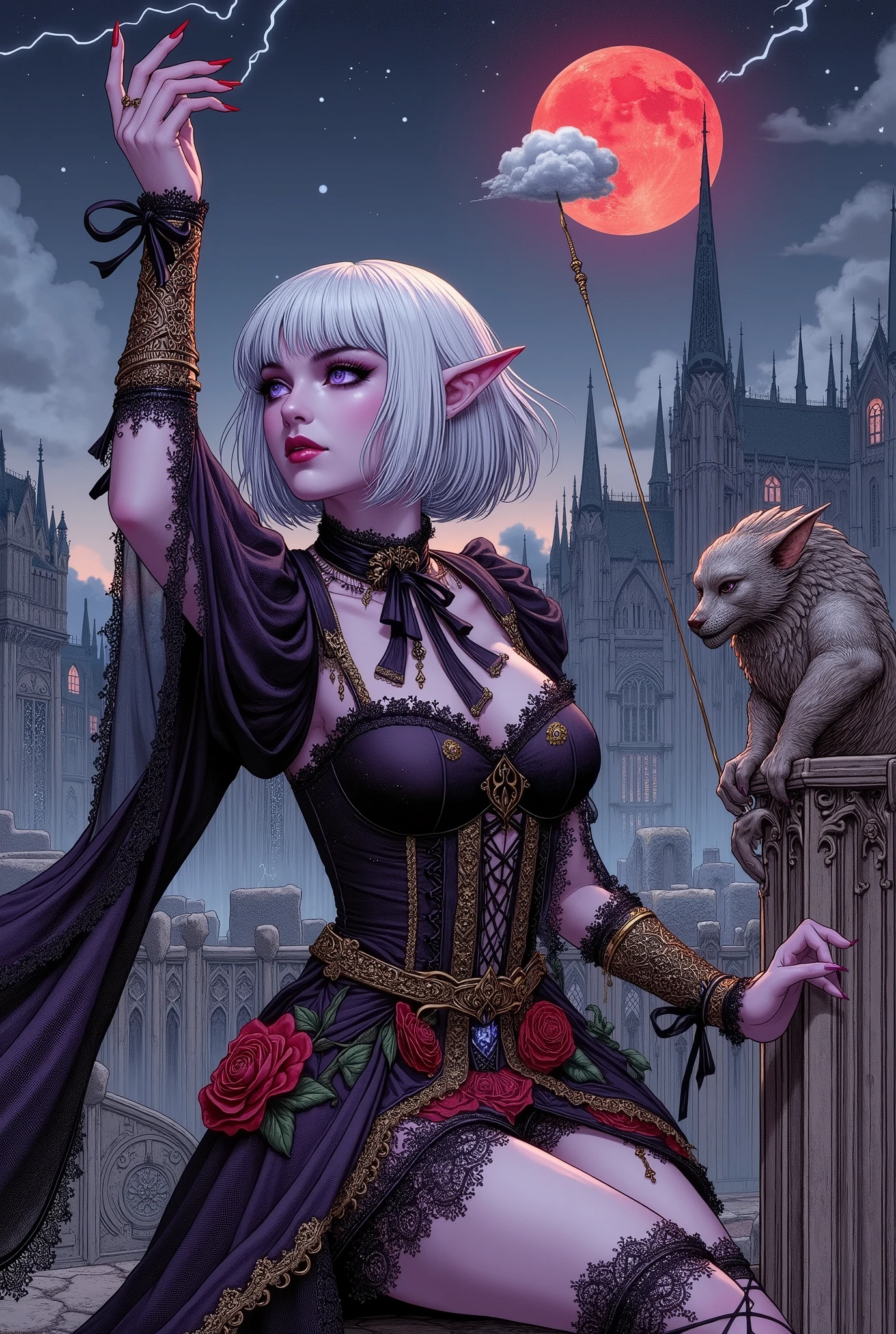 (Ultra-detailed face, Looking away, Gothic Illustration, Dark tone colors. She has five fingers on her hands and five toes on her feet.), BREAK
(The red moon rises in the night sky. Stretching like a needle into the sky, above the roofs of the city's spires of Gothic-style towers. A landscape looking diagonally upward from the ground.), BREAK
(A young female dark elf wizard, boldly posed, ropes a small cloud floating close by to a lightning rod held by a stone statue of a gargoyle supported by two hands. The wind is blowing from below upward.), BREAK
(A dark elf woman with white hair, white eyebrows, blunt bangs, shoulder-length hair, small pink lips, sparkling lavender eyes, clear white skin, and thick eyeliner.), (She wears a jet-black ribbon tie and a short, draped, jet-black lace-up dress with golden lace ruffles and embroidered red roses. She wears black ribbon laced sandals.)