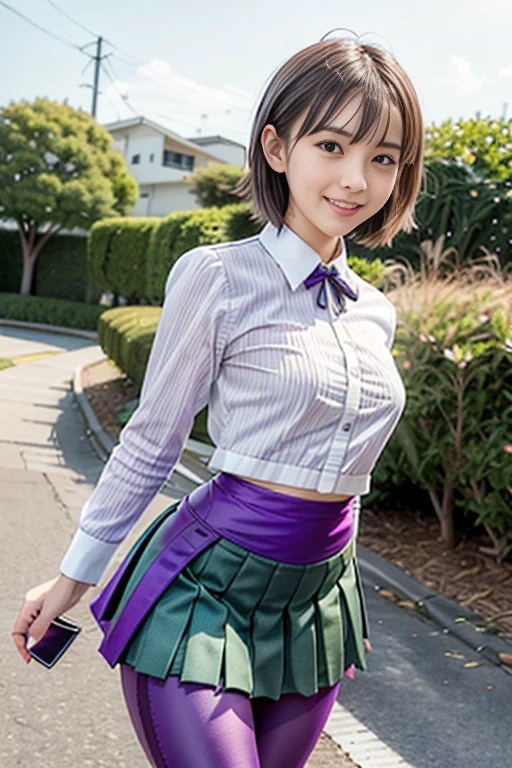 (((Medium hair))), BEST QUALITY, 8K, HDR, Hi-Res, Absurdity: 1.2, Blurry background, Bokeh: 1.2, Photos, (RAW photos: 1.2), (Photorealistic: 1.4), (Masterpieces: 1.3), (Complex details: 1.2), 1 girl, Solo, 16 years old, Japan girls, Delicate and beautiful details, (Detailed eyes), (Detailed facial features), Petite, ( Small breasts))), toned skin, (looking_at_viewer), from_front, (skinny), (best quality: 1.4), (ultra high resolution: 1.2), cinemalite, (extreme detail illustration), (lip gloss, best quality, ultra high resolution, depth of field, caustics, broadlighting, natural shading, 85mm, f/1.4, ISO 200, 1/160 sec: 0.75), 1 girl, solo, (((green vest)))) ((smile)), (((school uniform, pink pleated skirt with checkered pattern))