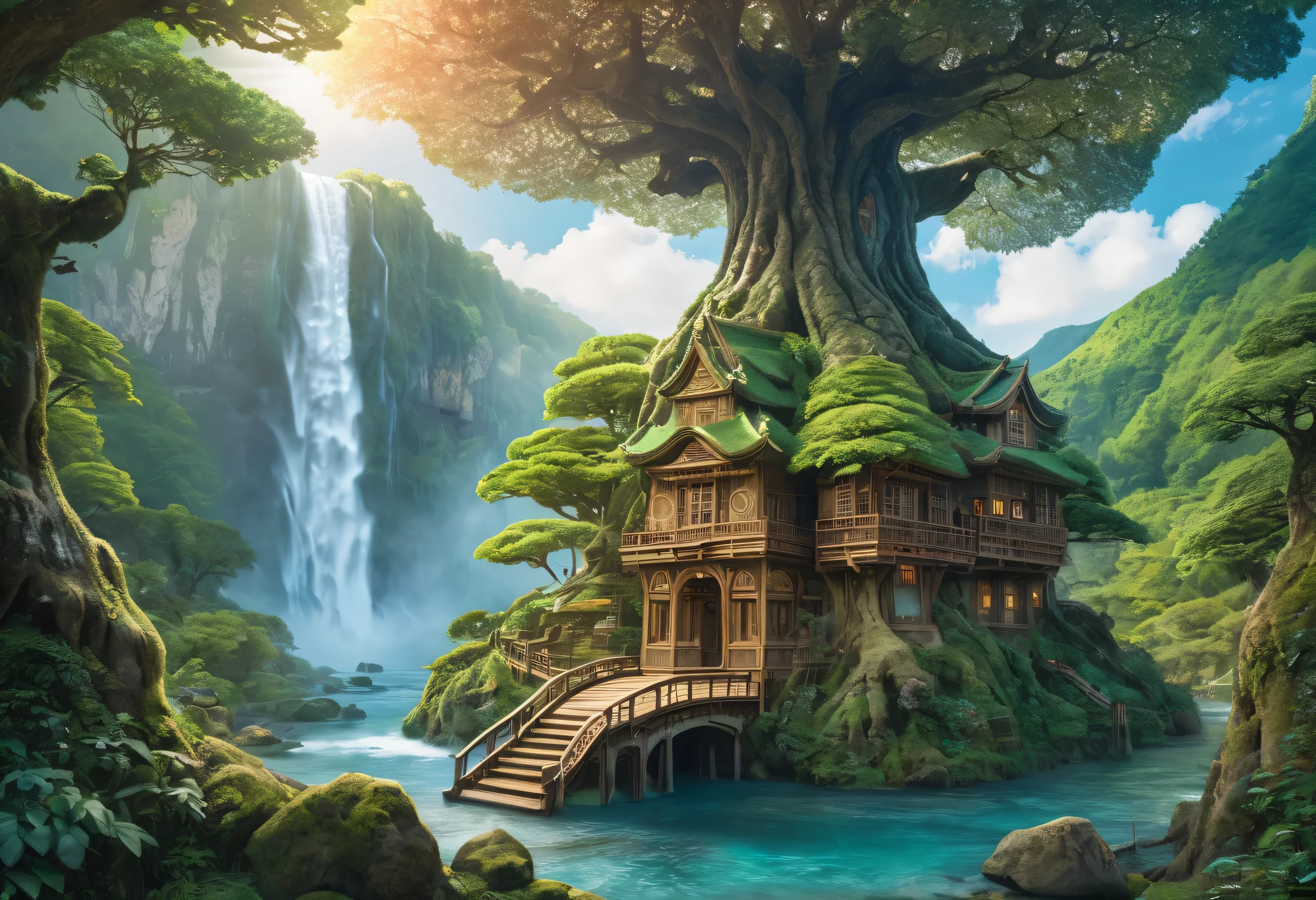 A tree house in the middle of a forest with a waterfall - SeaArt AI