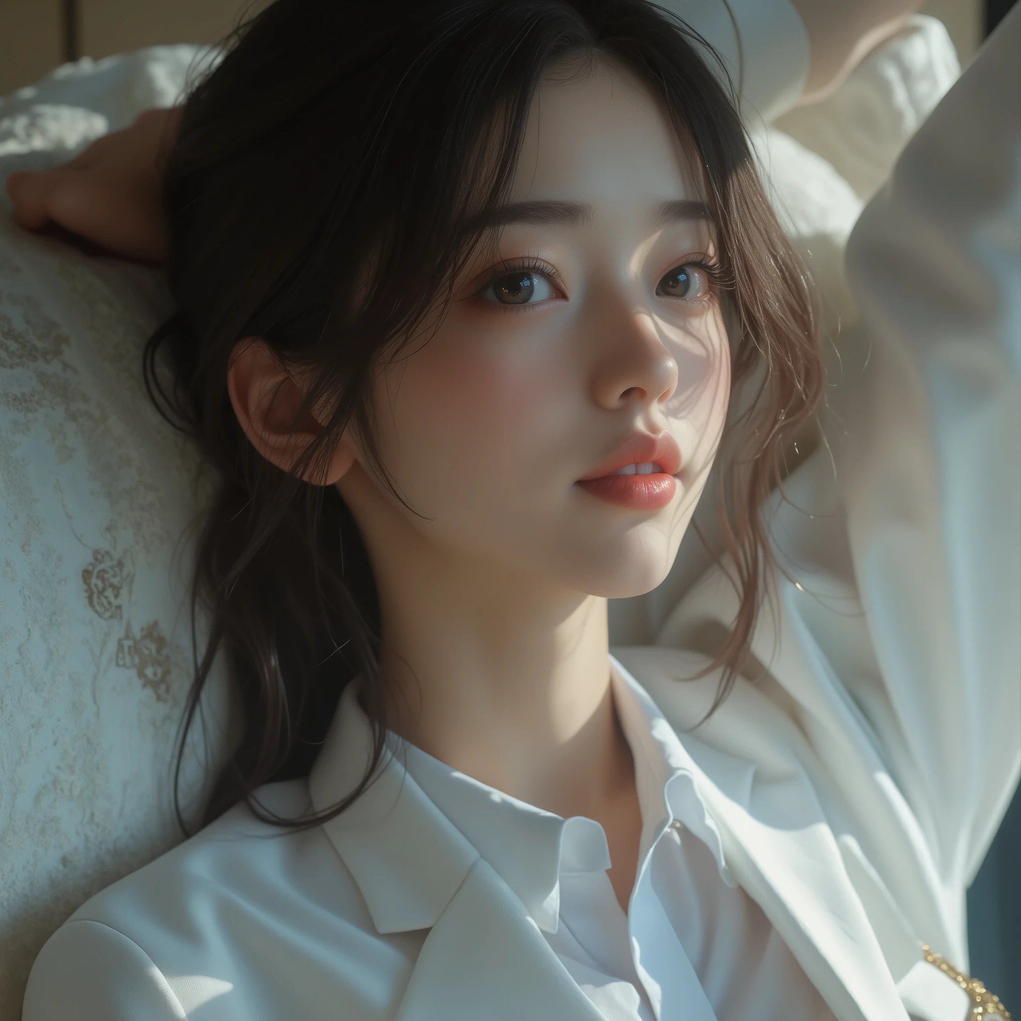 8k,Ultra High Definition , TOP QUALITY, masterpiece,rule of thirds,golden ratio,surreal, photos, one woman,( girls on the left:1.3),cute,cute顔, Beautiful Eyes in Every Detail , 細かくexhaustive,mature woman, princess,close up,smile, black hair,Pulled back hair,ID photo, luxurious and beautiful ,(A Famous Japanese Idol Girl), (( wearing a Japanese high school uniform with a white shirt, blazer, and skirt)),(((She Has an Ecstatic Expression))), very delicate expression , delicate eye description,, Healthy Body , (( 1 female)), Height: 160cm ,( thin waist:1.4)、( Beautiful :1.4), pink lips,profile,((( ideal figure))),Small bust, A cup :2,、 portraits:2、 perfect anatomy 、鮮明な exhaustive、 exhaustive, thin lips,Perfect and beautiful face ,完璧でcute顔, meticulous skin , Perfect Limbs 、 thin waist, surreal,Light and Dark, Fashion Magazine Cover ,glowing