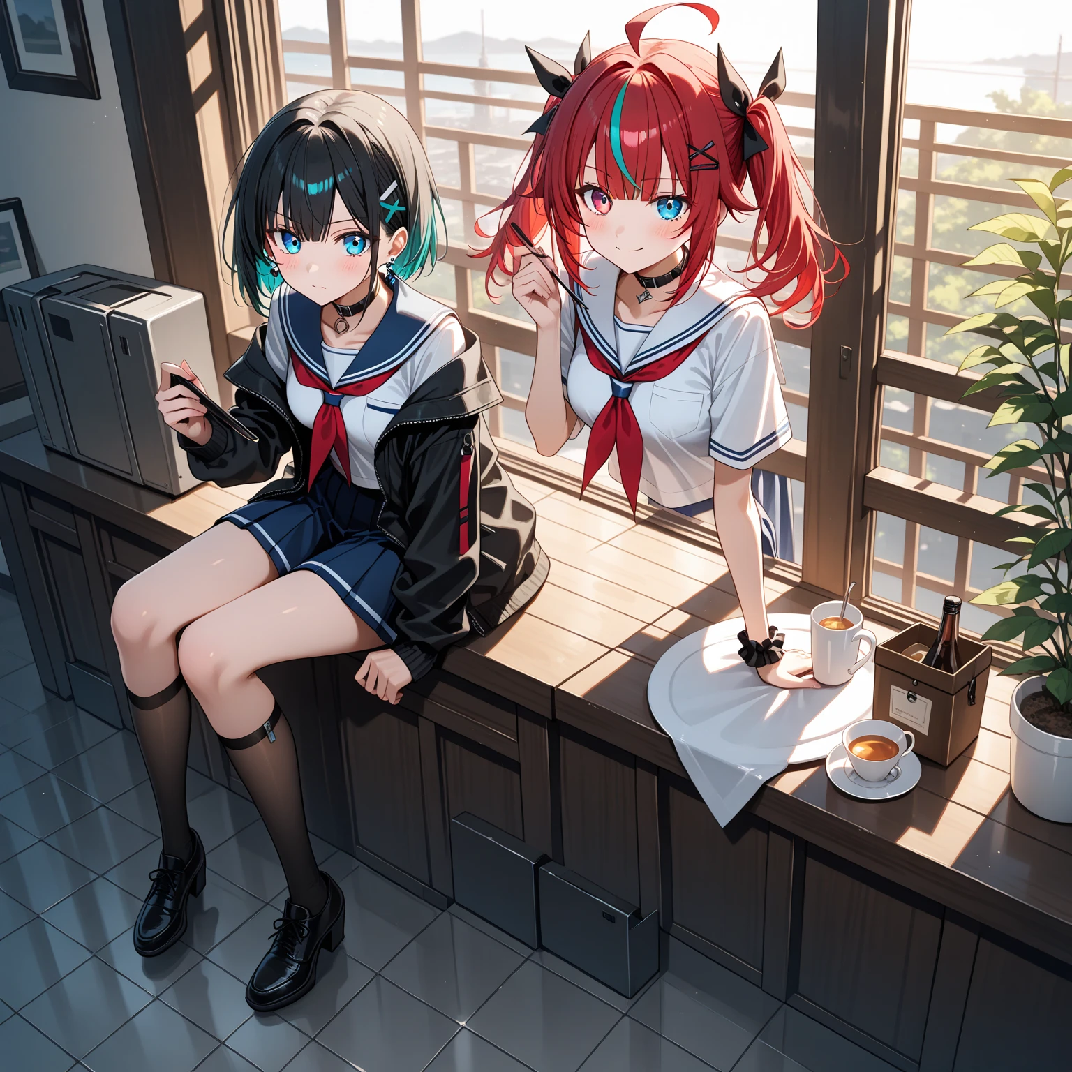 “(0~3 people)(((best quality))),(((ultra detailed))),(((masterpiece))),illustration,3 people,blue hair,red hair,black hair,sad expression,sad expression,sad expression,yellow hanfu,red hanfu,servant hanfu,in ancient town,tavern,night scene,sitting at table,drinking wine”