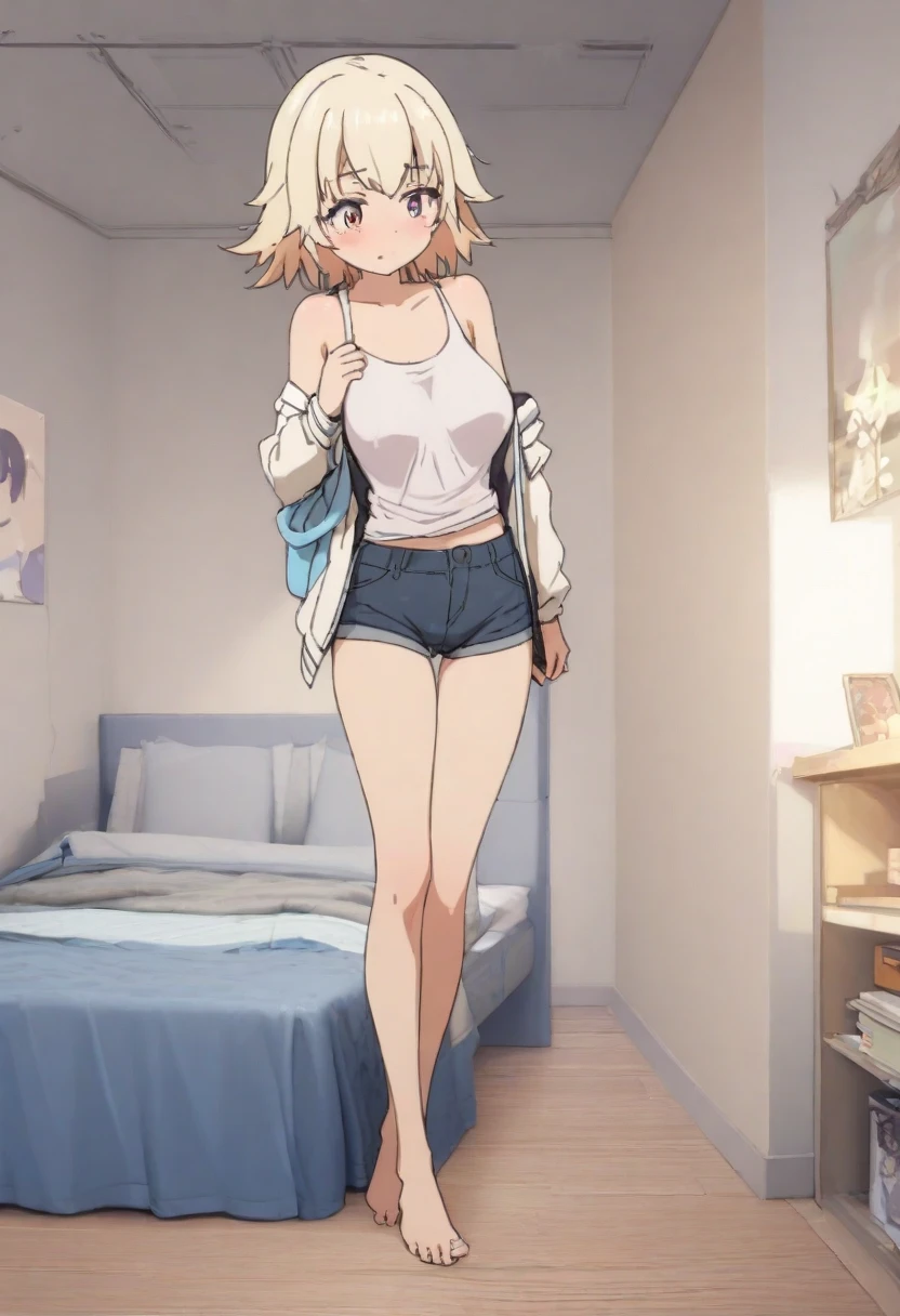 masterpiece, 8k, 1 girl, Looking at the audience, full body, shy face, ( expression details : 1.3 ), ( professional lighting) White hair, pony style, crop top underwear, no bra, changing clothes, Stomach, shorts, random bedroom background, ( weather : after rain ) wet, wet clothes, sweaty, wet hair, hard nipple, medium chest, Sit,