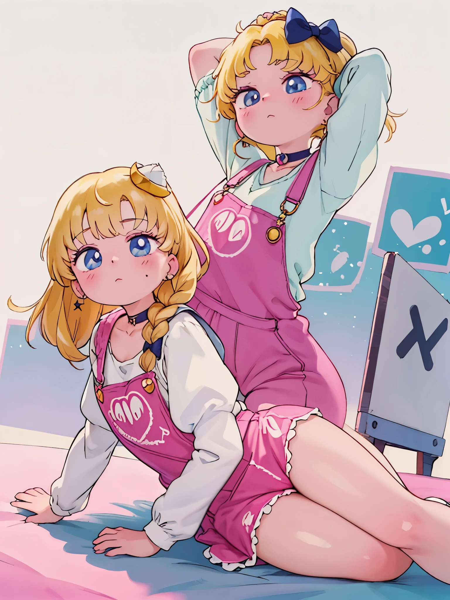 masterpiece,best quality,amazing quality, tsukino usagi, 1girl, solo, long hair, looking at viewer, blush, blue eyes, shirt, blonde hair, long sleeves, hair ornament, white background, bow, closed mouth, jewelry, very long hair, sitting, twintails, full body, braid, heart, hair bow, earrings, shoes, choker, socks, puffy sleeves, hair bun, star \(symbol\), twin braids, parted bangs, double bun, animal, facial mark, wariza, cat, pink bow, crescent, between legs, pink shirt, hand between legs, forehead mark, pink footwear, heart hair ornament, on head, overalls, animal on head, heart earrings, pink sweater, heart choker, dot mouth, heart o-ring, crescent facial mark, cat on head, overall shorts, heart collar, overall skirt, dino_(dinoartforame),
tianliang duohe fangdongye,