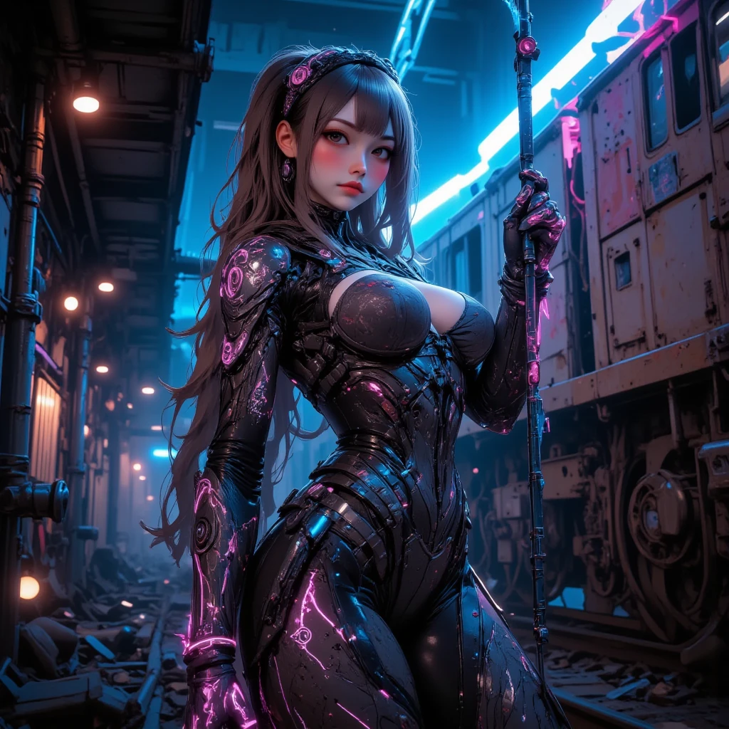 "Masterpiece in dystopian 8K resolution UHD high detail, with a mecha_musume purple_glitter style, vibrant black and yellow details, inspired by cyberpunk chaos. | Amid a dystopian underground setting, a stunning 30-year-old woman emerges elegantly, wearing a costume mecha_musume purple_glitter. Her costume stands out with green and yellow details, while imposing cybernetic boots accentuate her presence. Her pious eyes stare at the viewer, conveying mystery and determination. A graceful smile adorns her face, contrasting with the chaotic atmosphere around her ., she appears immersed in her own world. Her long "light black" hair, with bangs open long, creates a fascinating contrast with the deteriorated environment of the underground oasis, filled with water clear, mud, pipes and crumbling concrete structures. An intriguing and horrifying vision of cyber horror. | {The camera is positioned very close to her, revealing her entire body as she adopts a _pose, interacting with and leaning on a structure in the scene in an exciting way.} | ((perfect_pose):1), She is adopting a ((_pose as interactions, boldly leaning on a structure, leaning back in a dynamic way):1.3), ((full body)), ((hands_with_5_fingers):1), ((perfect_hands):1), ((perfect_fingers):1), ((perfect_legs):1), better_hands, More Detail".